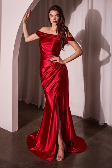 aus Satin Fitted Off-the-Shoulder Slit Gown | Ladivine