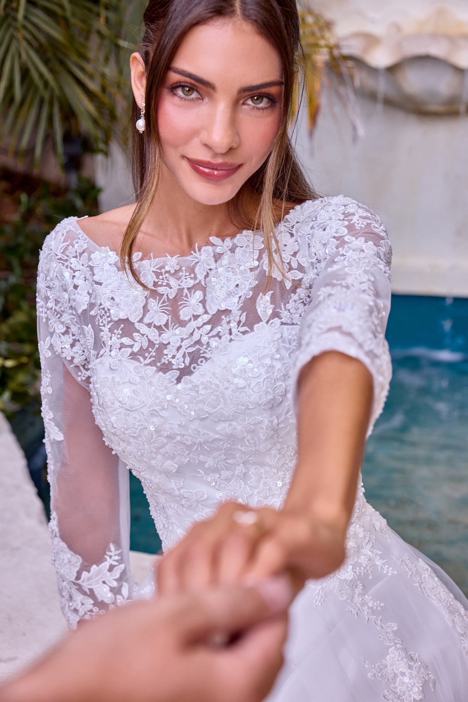 White Applique 3/4 Sleeve Gown by Ladivine J883W Cinderella Divine