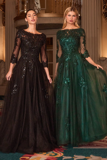 Applique Tulle 3/4 Sleeve A-line Gown by Ladivine J883