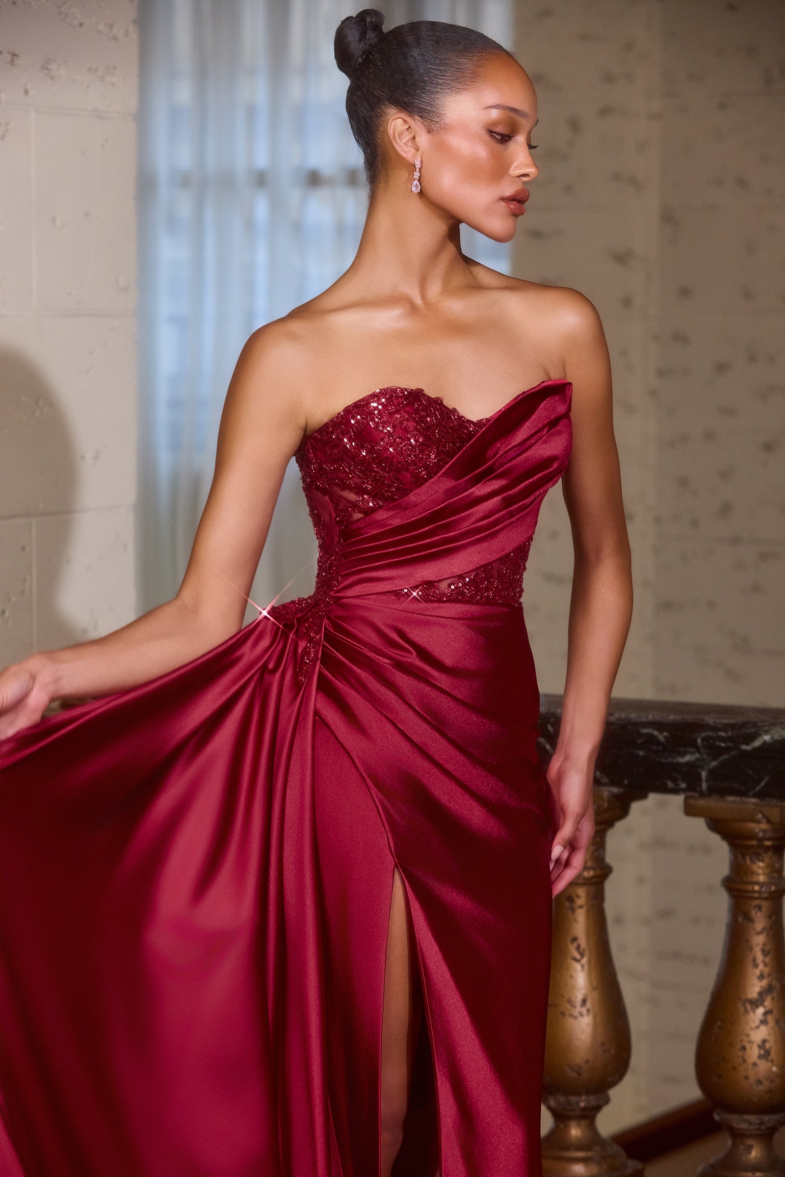 Beaded Satin Strapless Slit Gown by Ladivine J887 Cinderella Divine