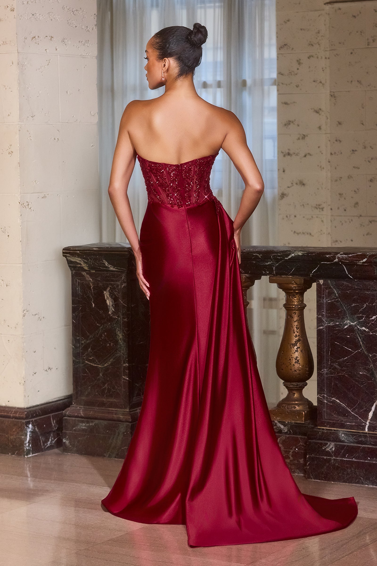 Beaded Satin Strapless Slit Gown by Ladivine J887 Cinderella Divine