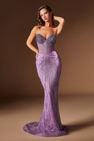 Beaded Fitted Strapless Gown by Ladivine J903