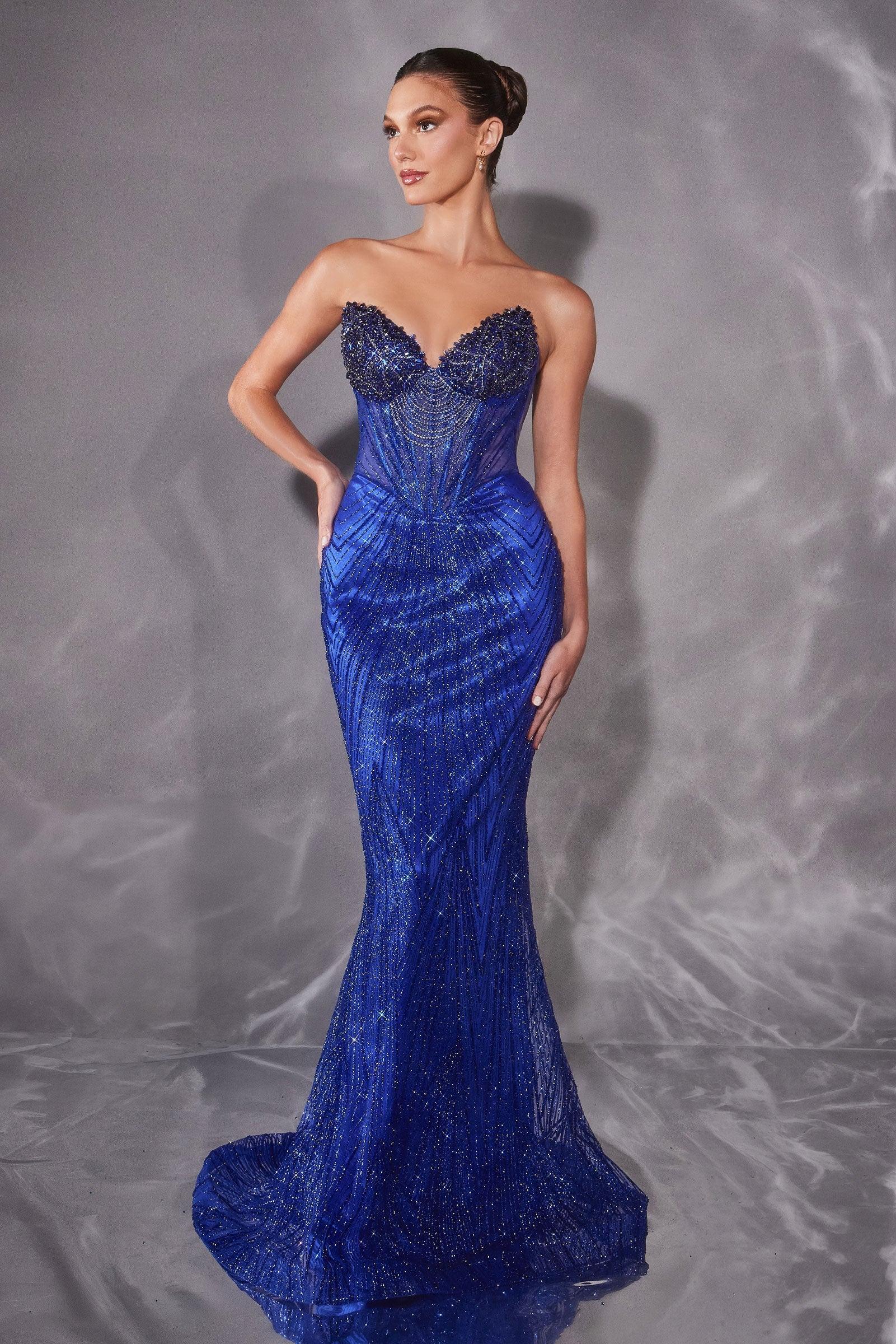 Beaded Fitted Strapless Gown by Ladivine J903