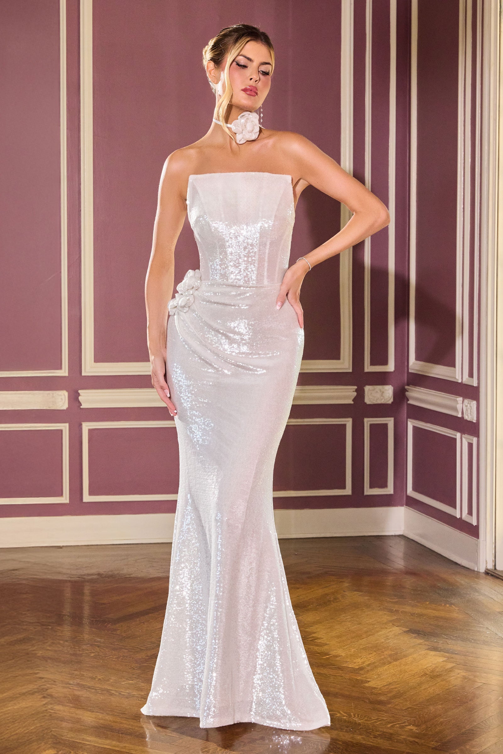 Sequin Strapless Choker Gown by Ladivine J905