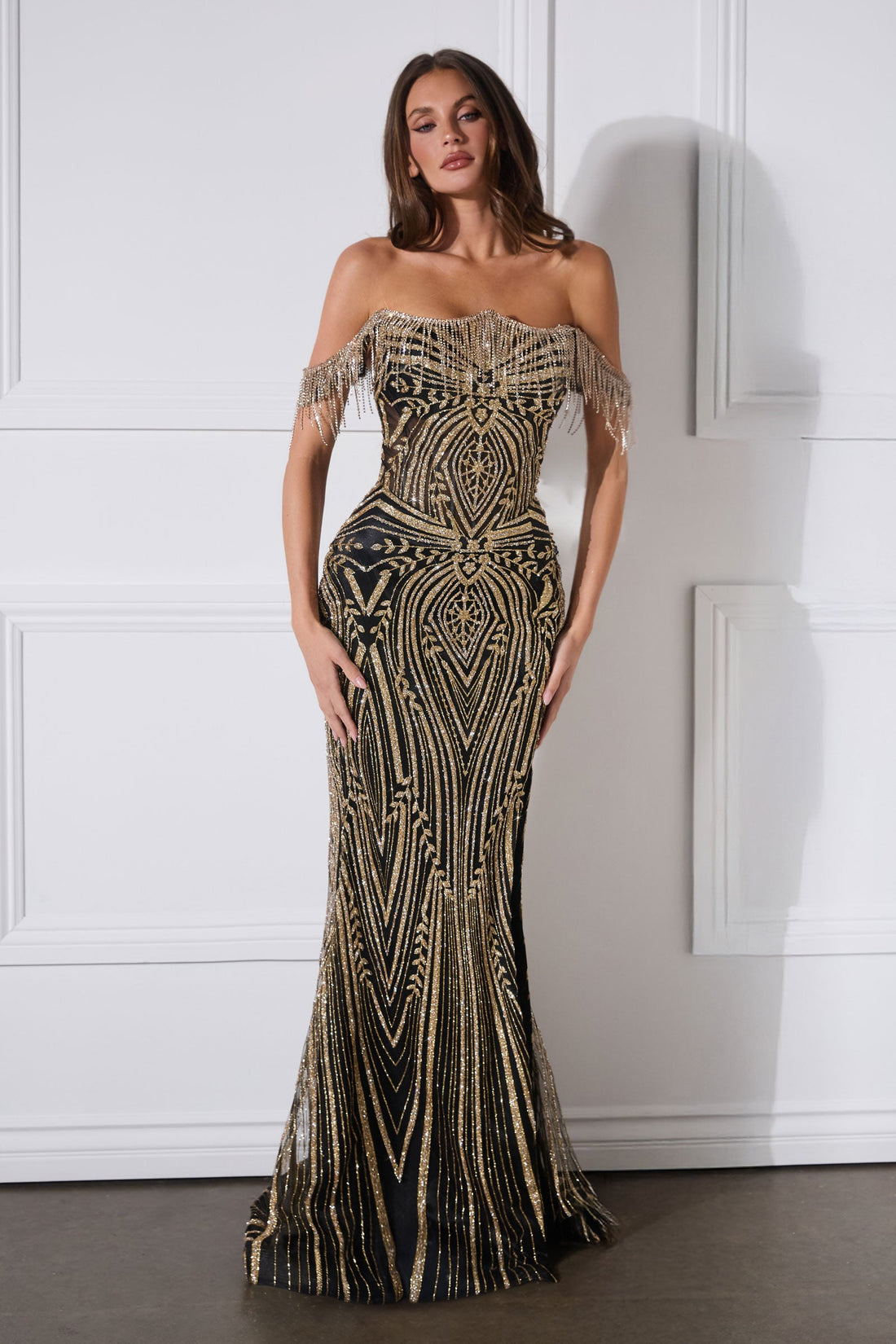 Beaded Off Shoulder Fringe Slit Gown by Ladivine J908