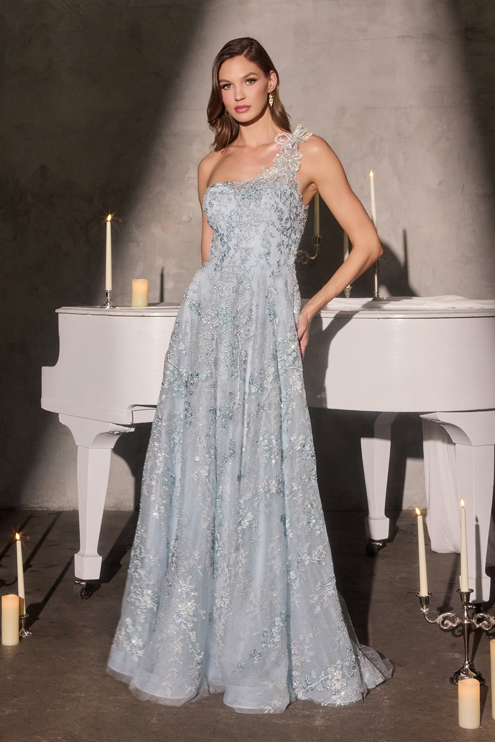 Applique One Shoulder A-line Gown by Ladivine J909