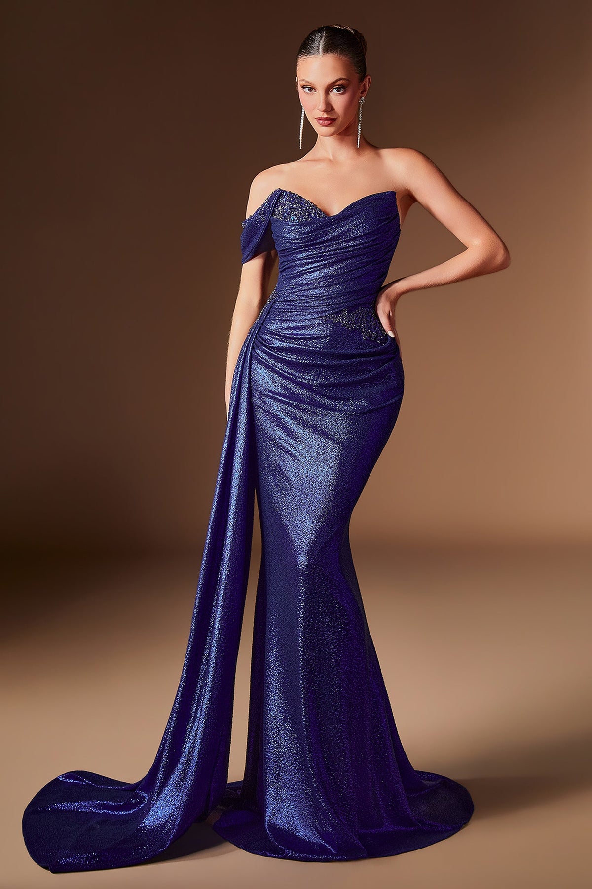Metallic Fitted One-Shoulder Formal Gown | Ladivine J913