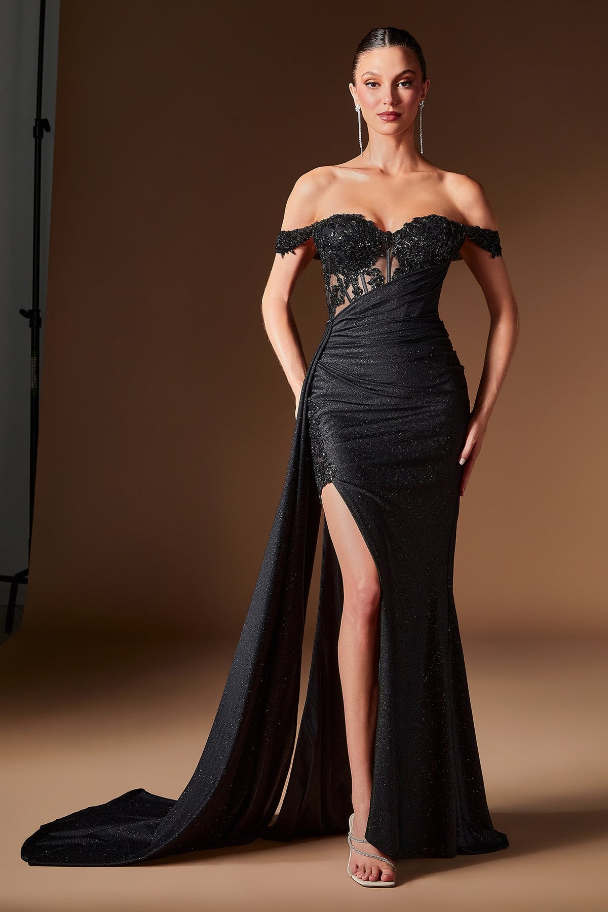 Applique Glitter Off-the-Shoulder Slit Gown | Ladivine J914