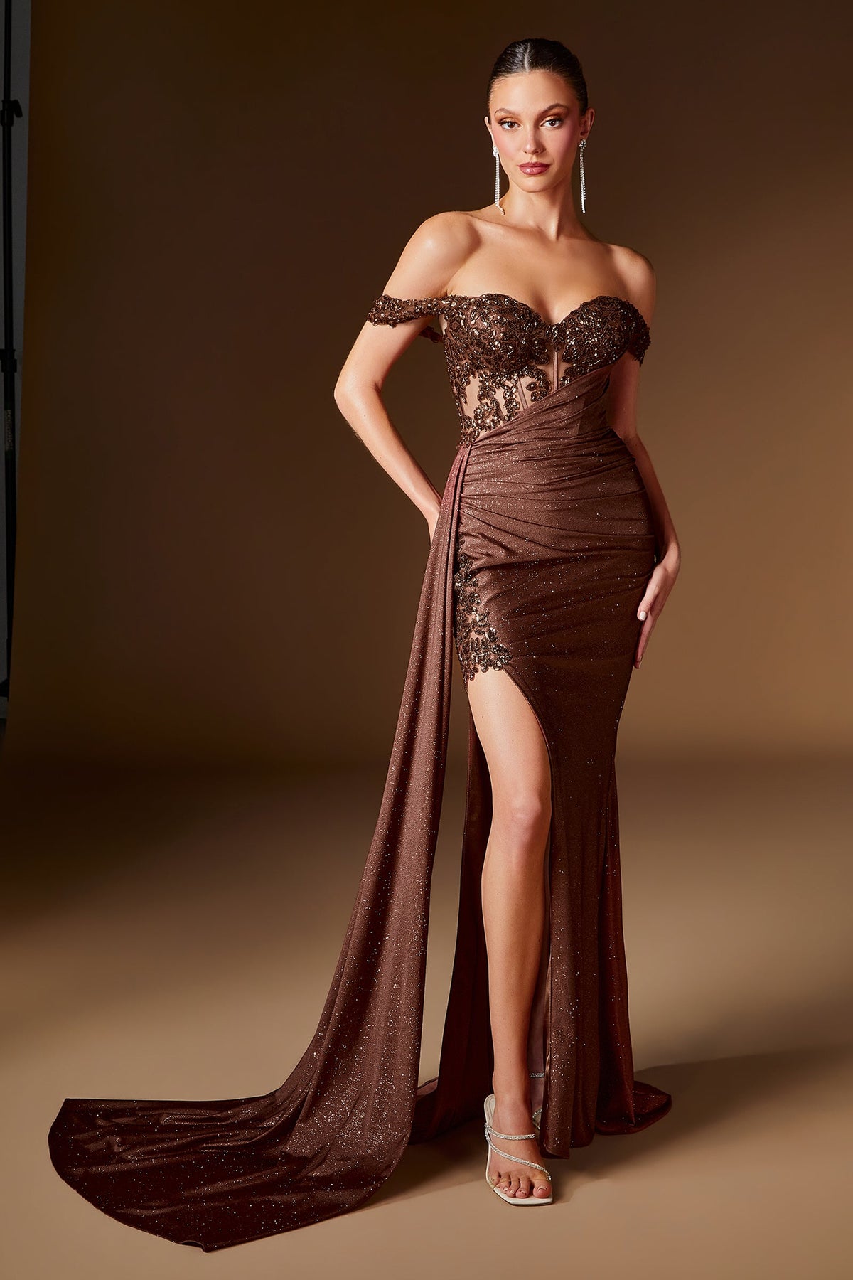 Applique Glitter Off-the-Shoulder Slit Gown | Ladivine J914