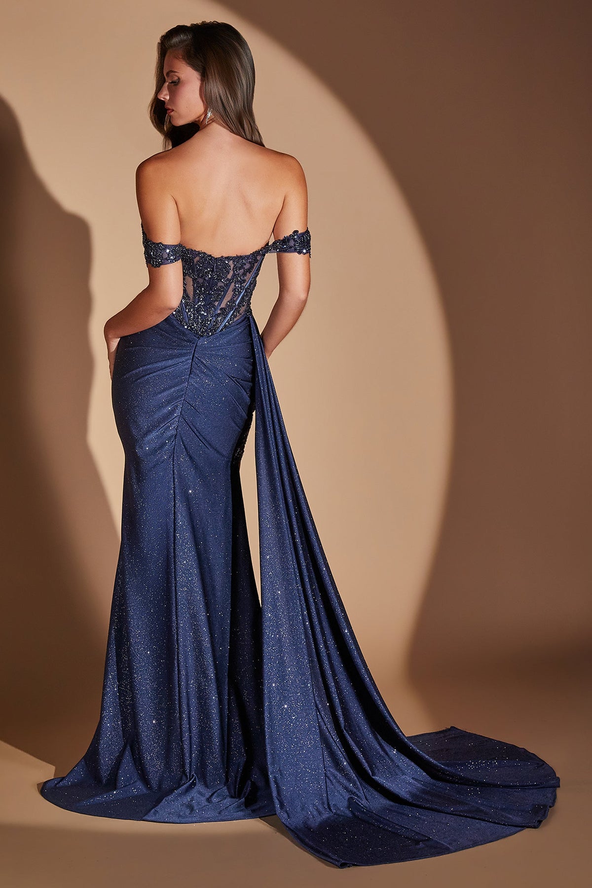 Applique Glitter Off-the-Shoulder Slit Gown | Ladivine J914