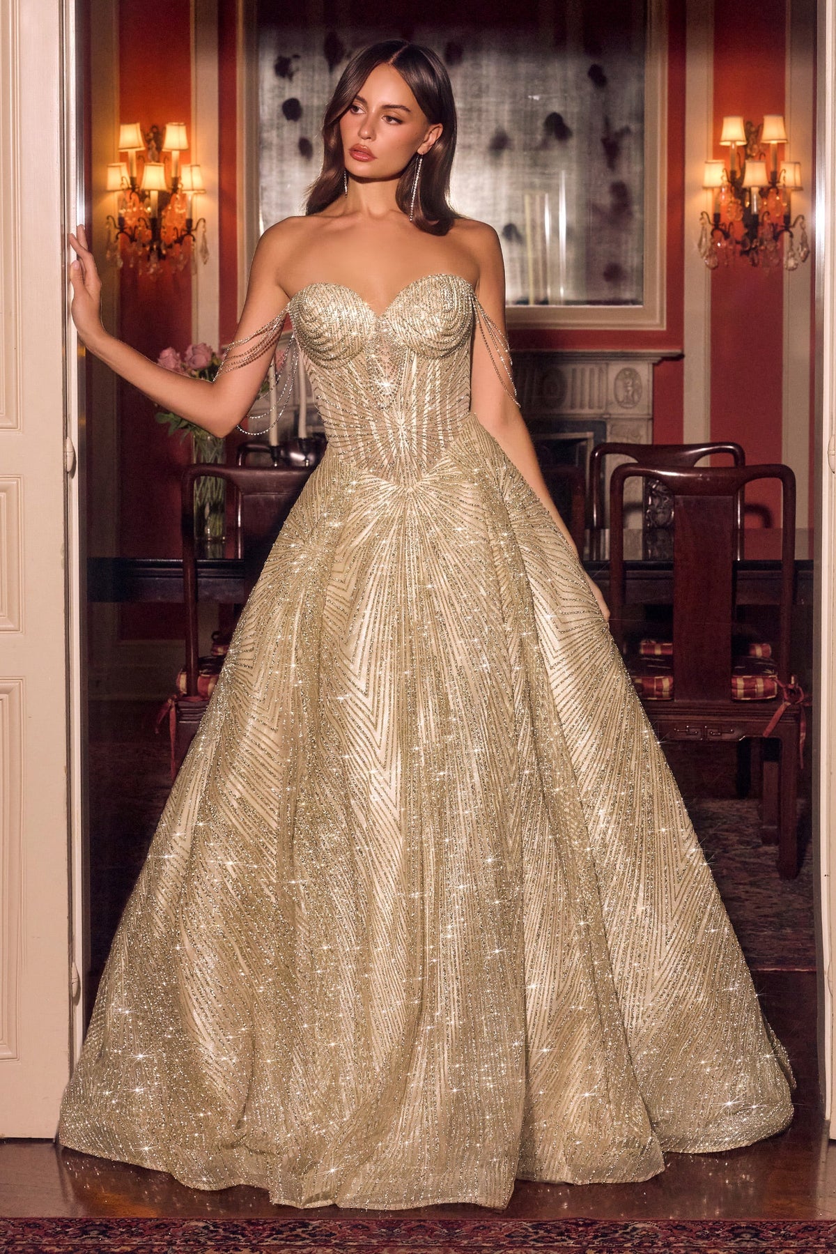 Glitter Off-the-Shoulder A-Line Formal Gown | Ladivine J915