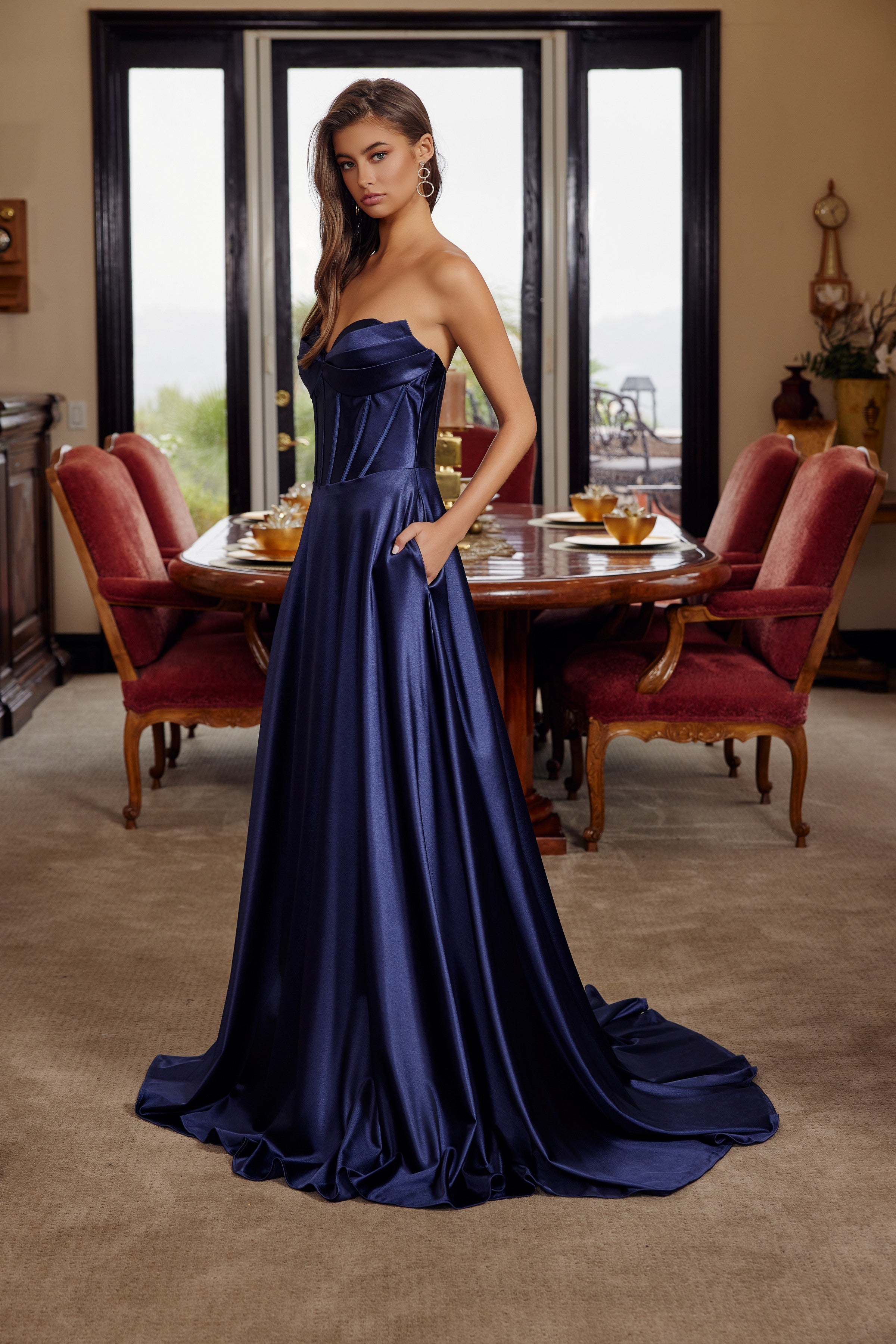 Satin Strapless A-line Gown by Nox Anabel K1735