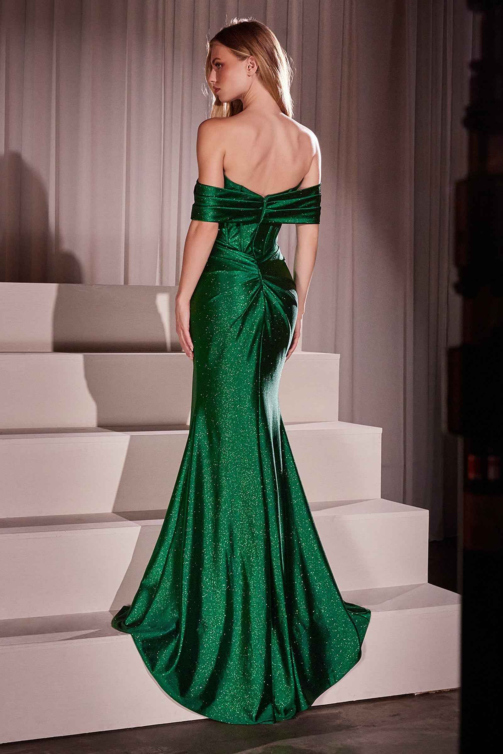 Glitter Satin Off Shoulder Slit Gown by Ladivine KV1115