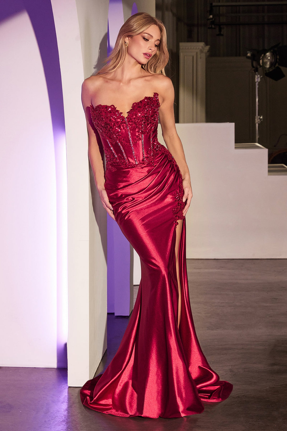 Applique Satin Strapless Slit Gown by Ladivine KV1116