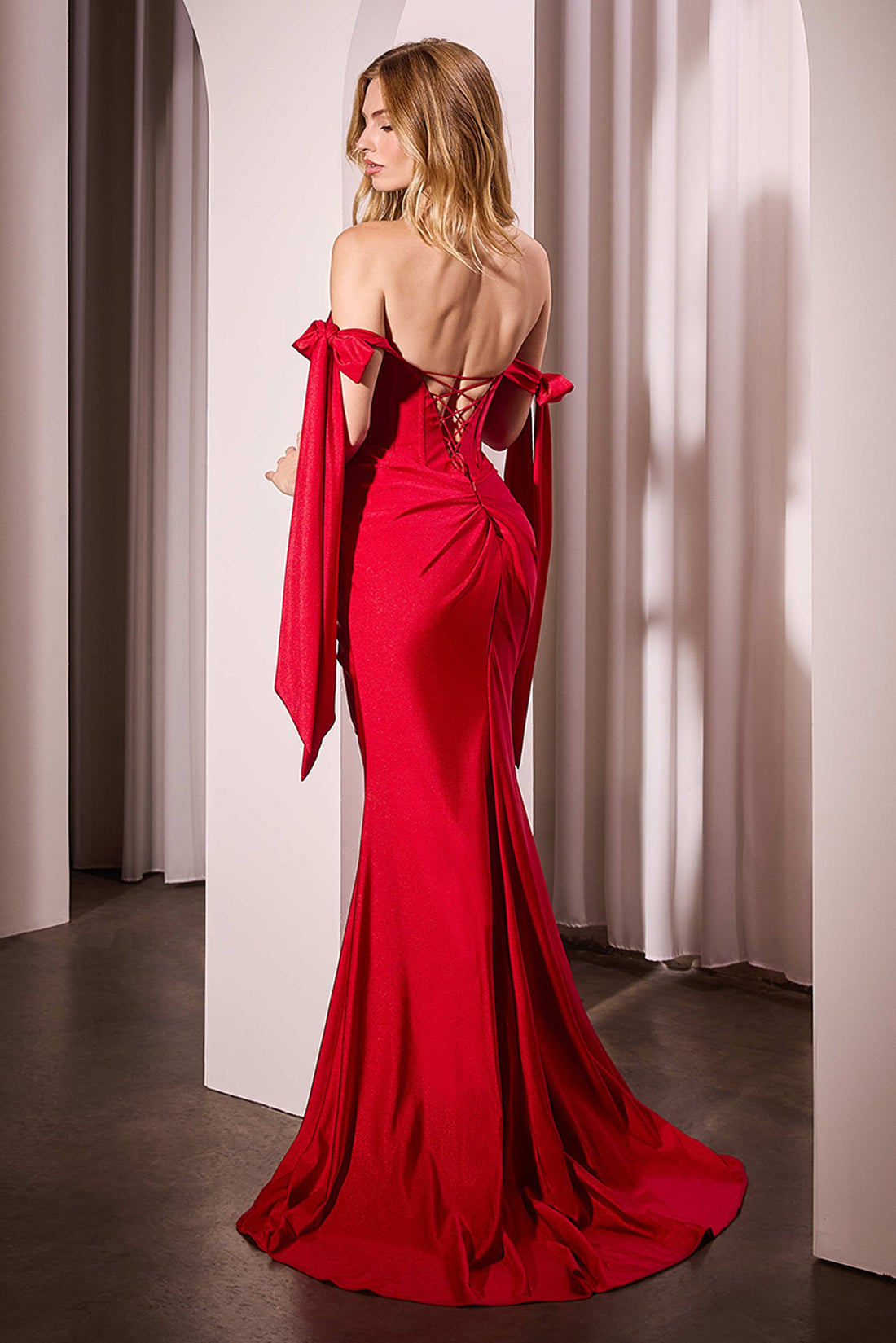 Satin Off Shoulder Slit Gown by Ladivine KV1120