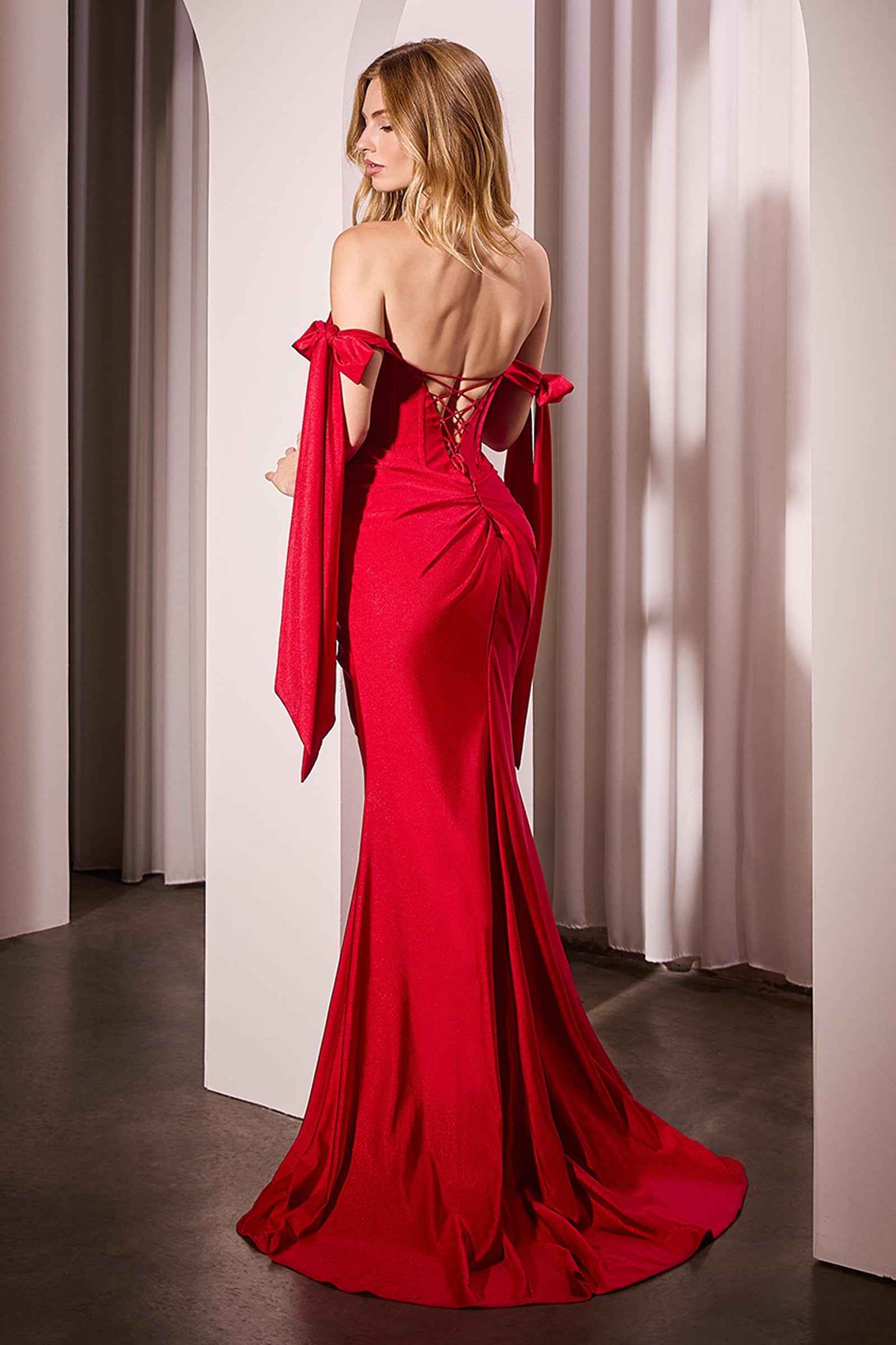 Satin Off Shoulder Slit Gown by Ladivine KV1120