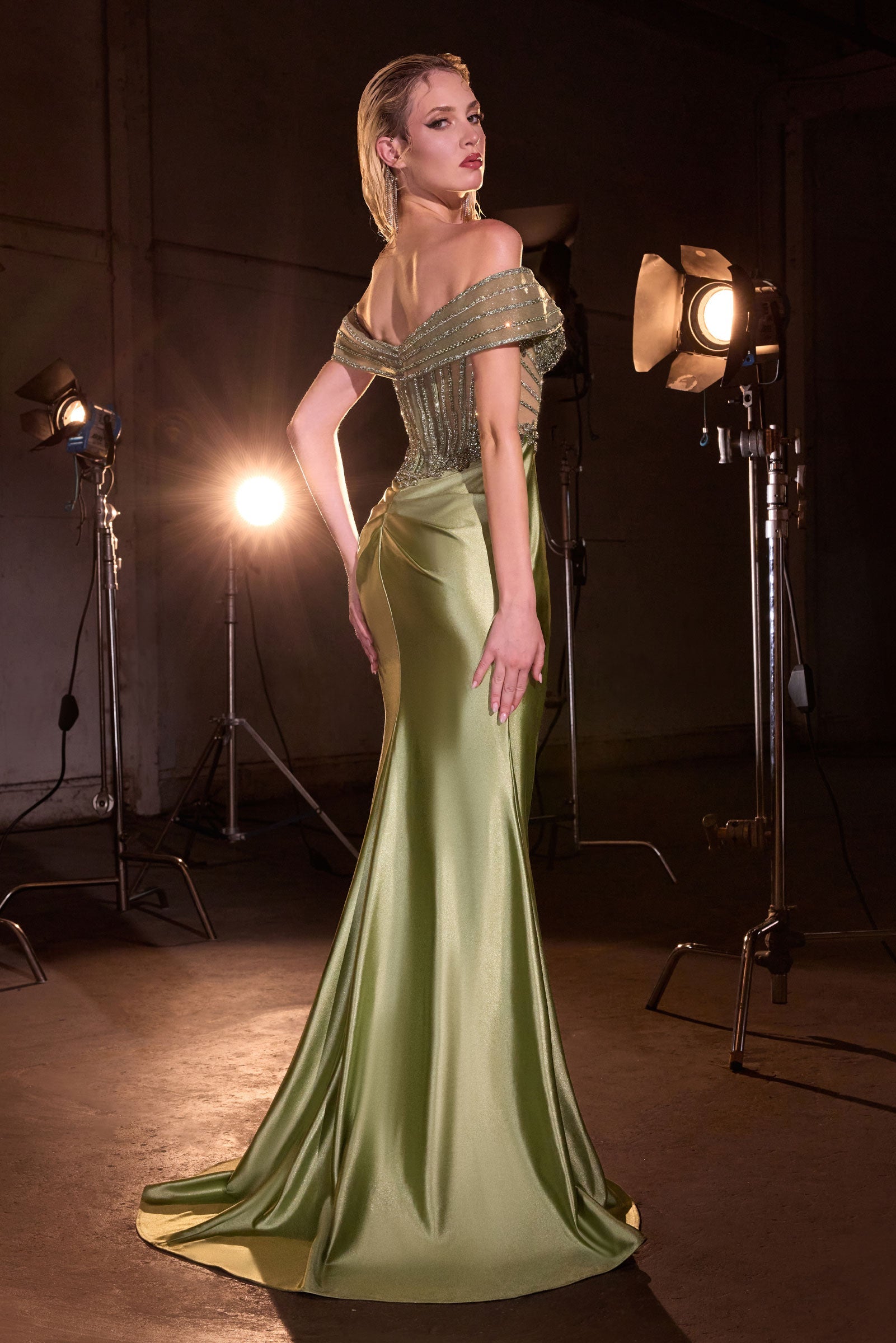 Beaded Satin Off Shoulder Slit Gown by Ladivine KV1140