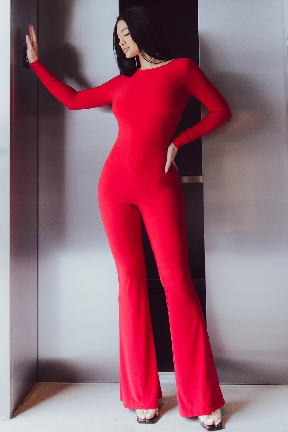 Open Back Jumpsuit - Bodycon Bell Bottom With Pleated Detail BOUTINIE