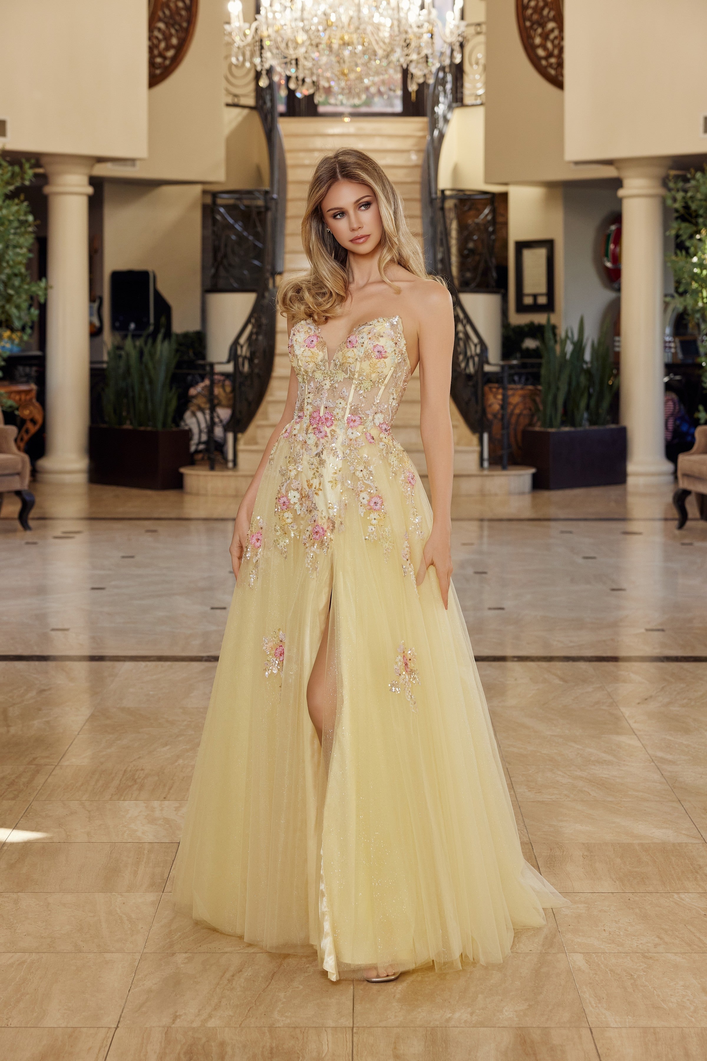 Applique Strapless A-line Slit Gown by Nox Anabel Q1773