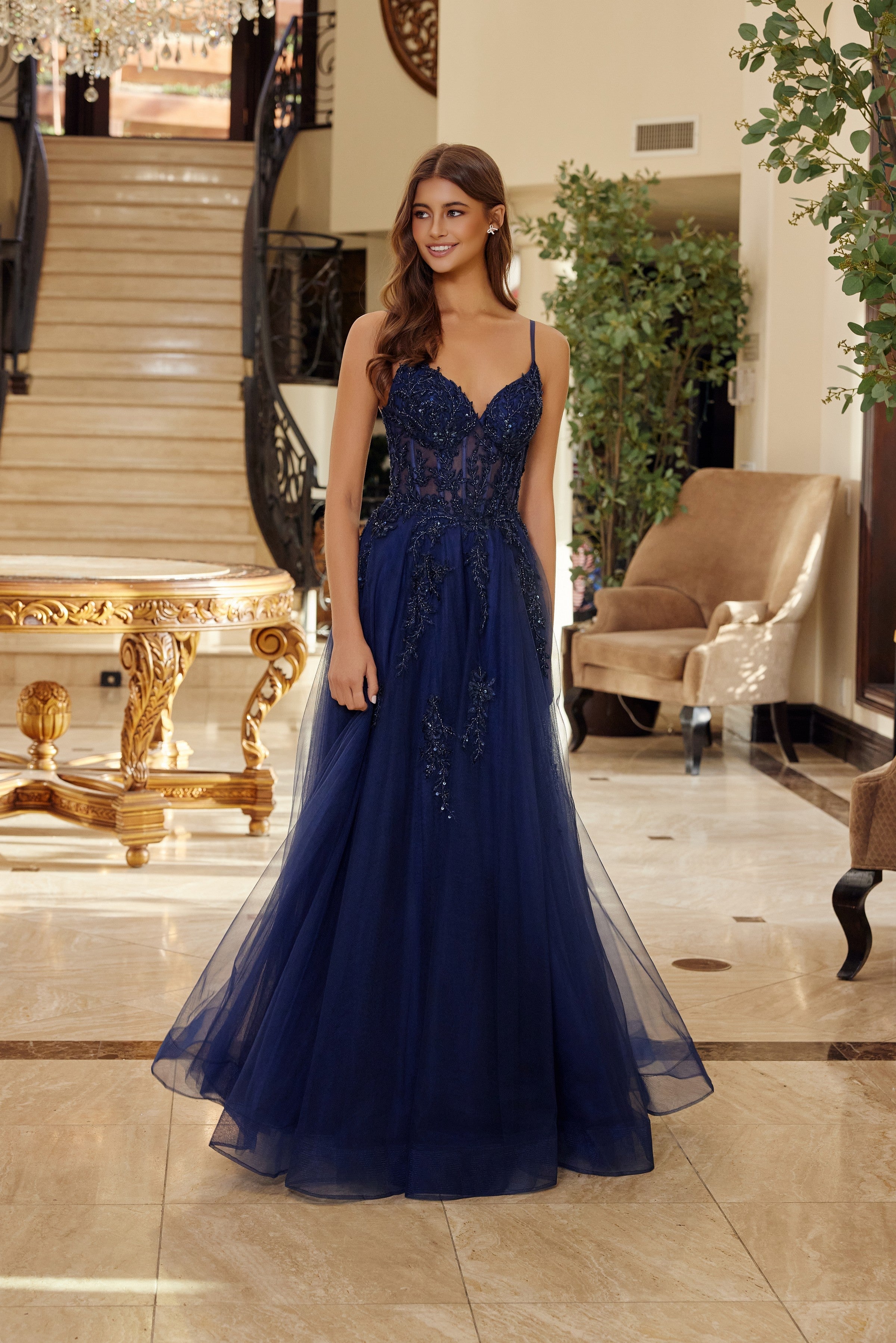 Applique Sleeveless A-line Gown by Nox Anabel Q1778