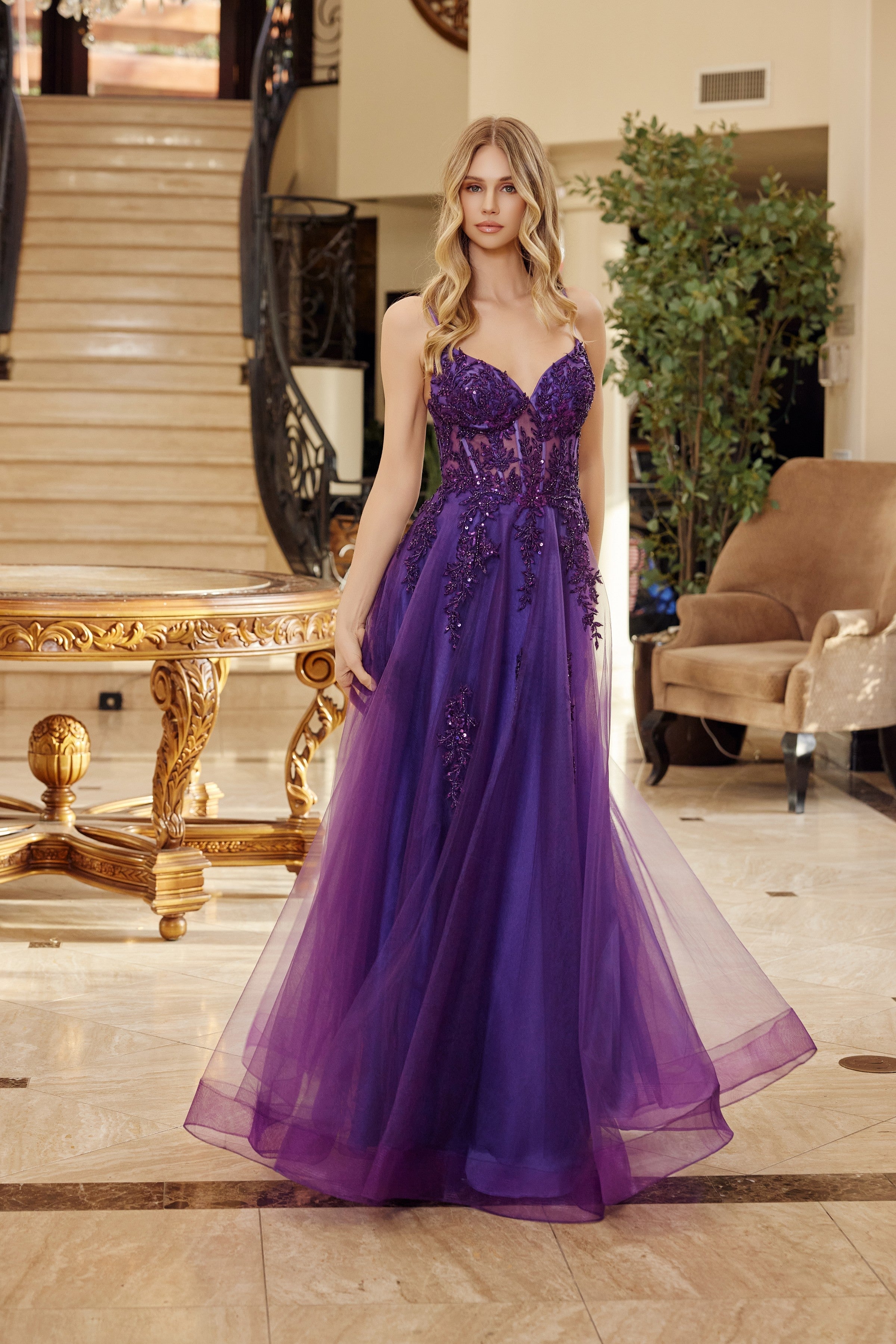 Applique Sleeveless A-line Gown by Nox Anabel Q1778
