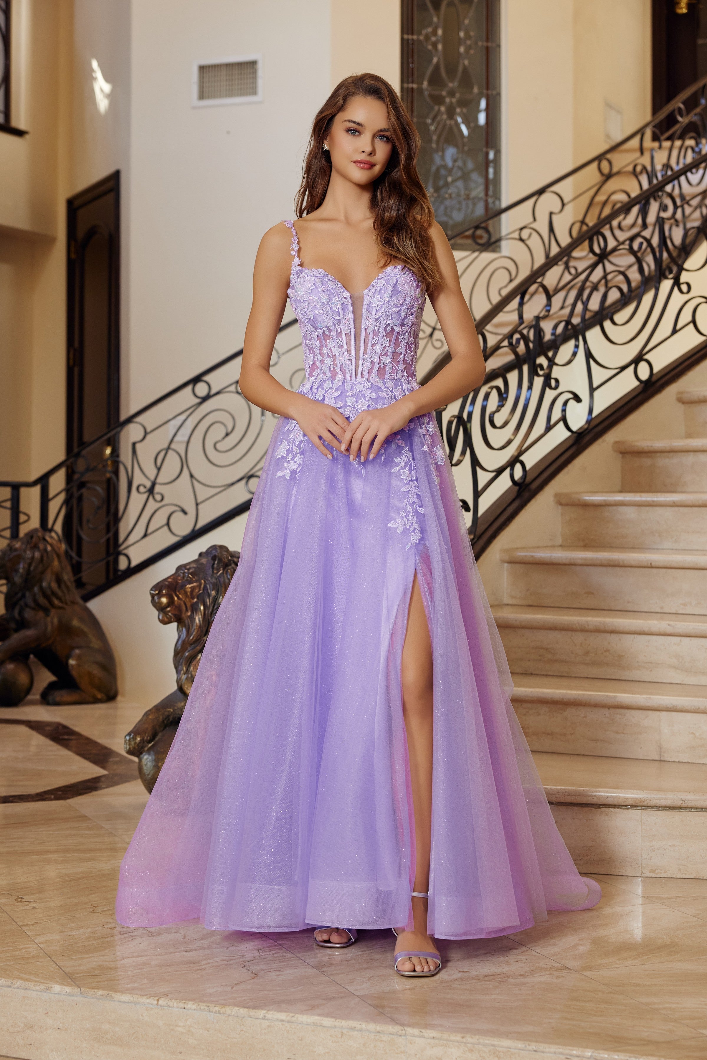 Applique V-Neck A-line Slit Gown by Nox Anabel R1824