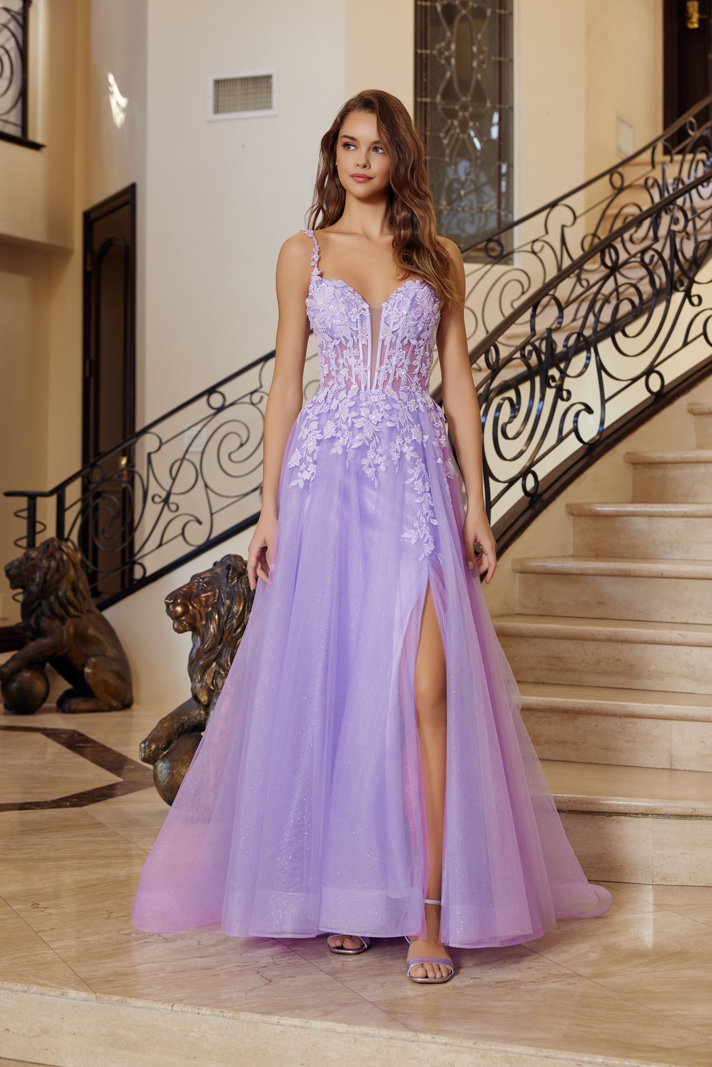 Applique V-Neck A-line Slit Gown by Nox Anabel R1824