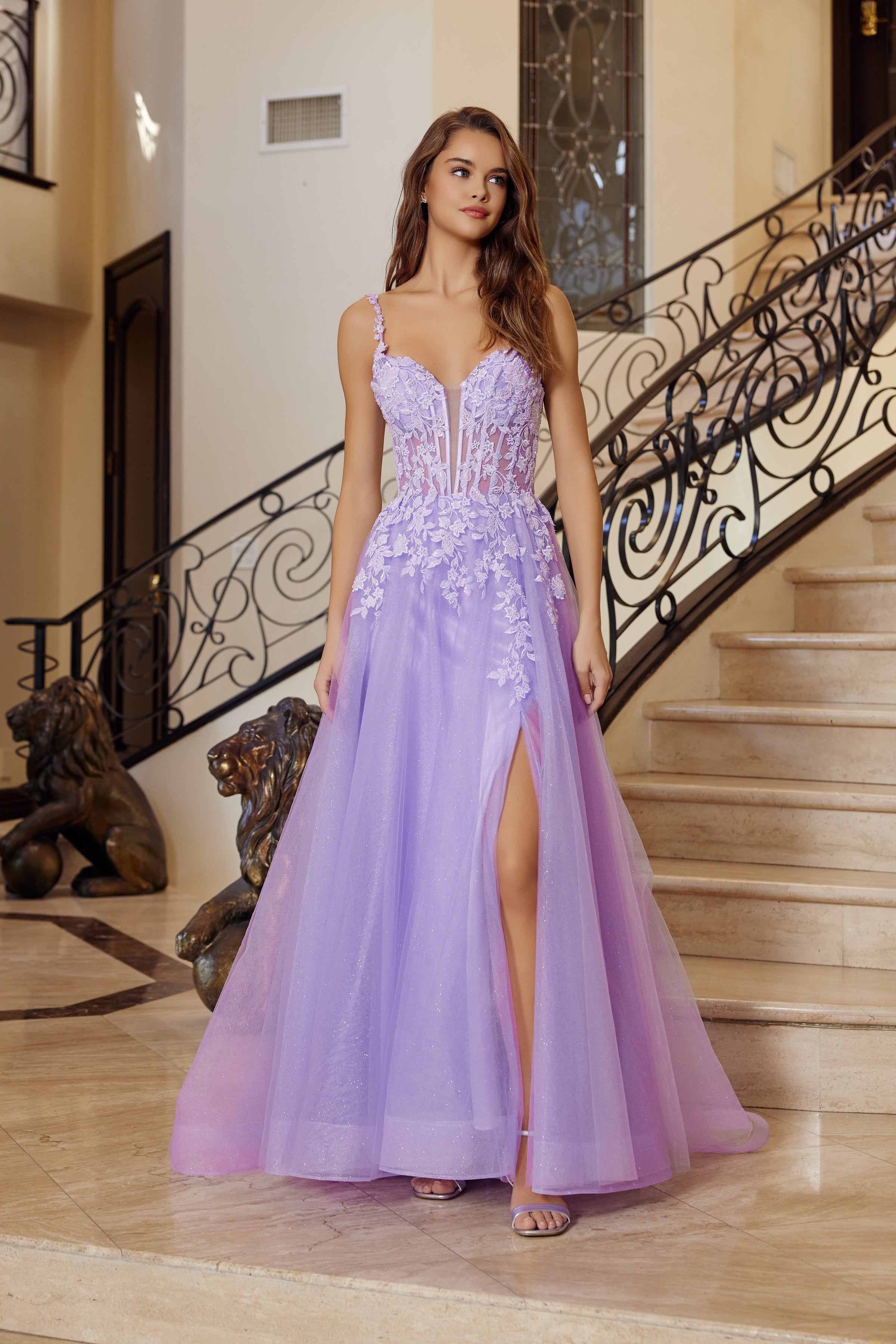 Applique V-Neck A-line Slit Gown by Nox Anabel R1824