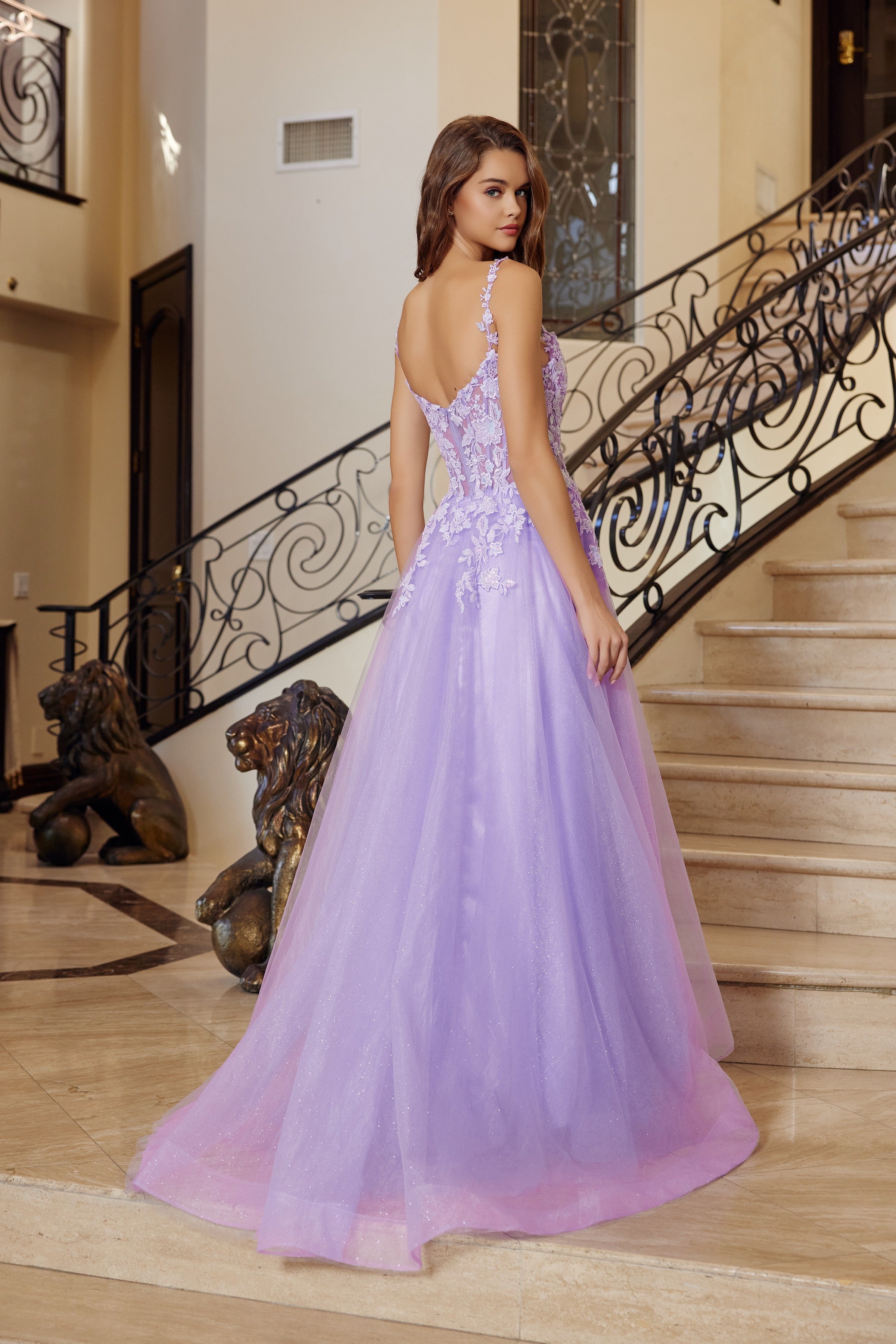 Applique V-Neck A-line Slit Gown by Nox Anabel R1824