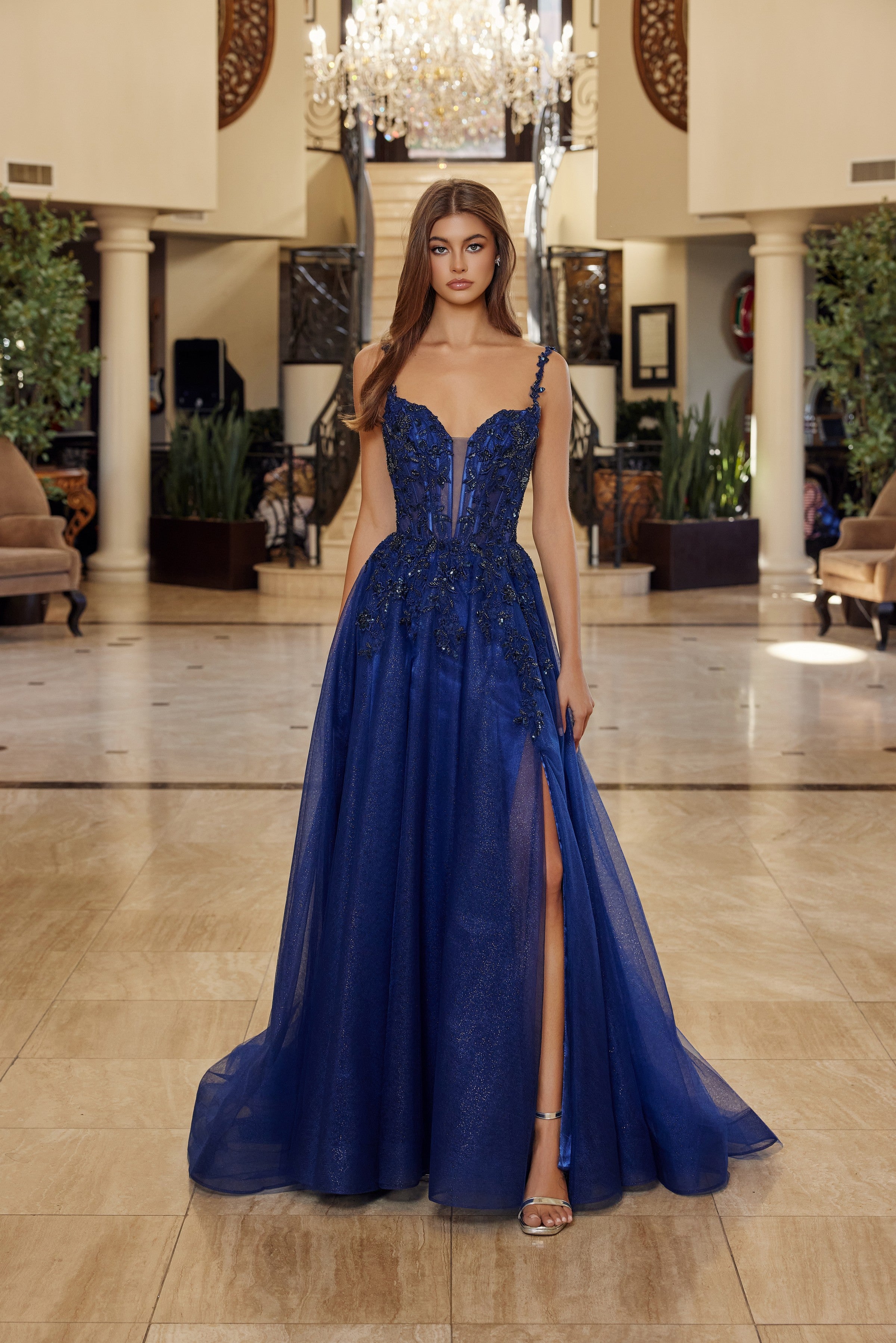 Applique V-Neck A-line Slit Gown by Nox Anabel R1824