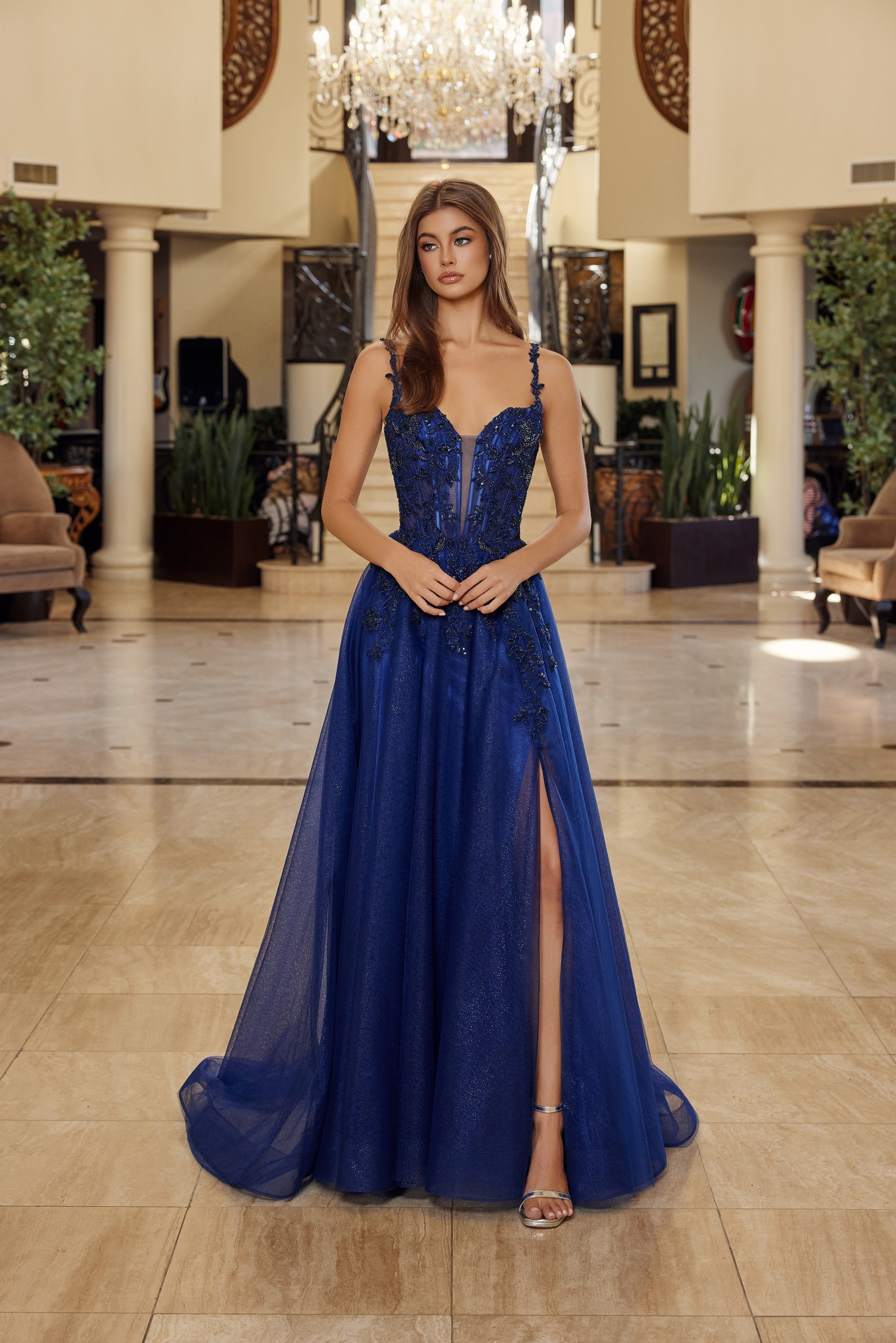Applique V-Neck A-line Slit Gown by Nox Anabel R1824