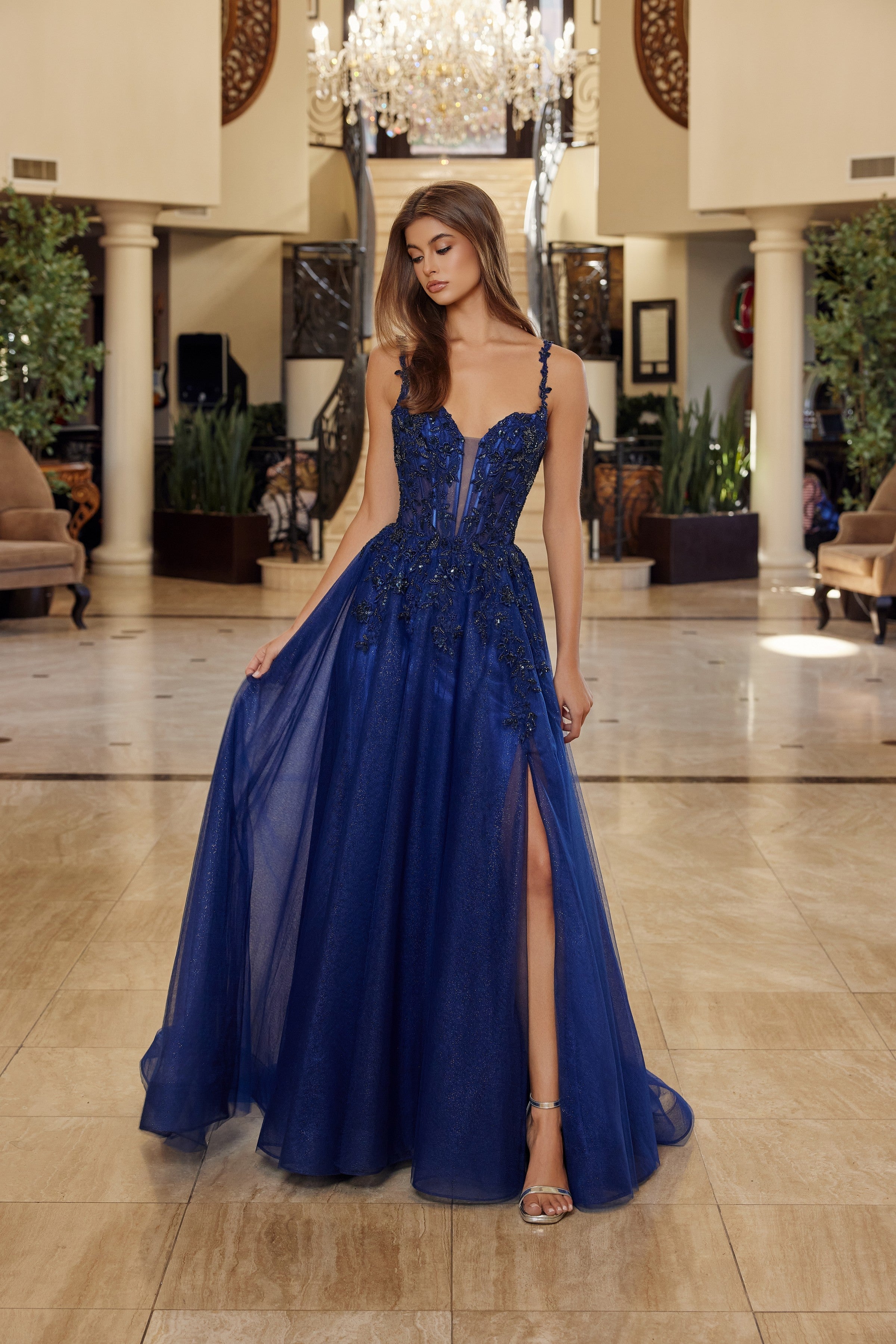 Applique V-Neck A-line Slit Gown by Nox Anabel R1824