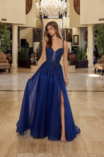 Applique V-Neck A-line Slit Gown by Nox Anabel R1824
