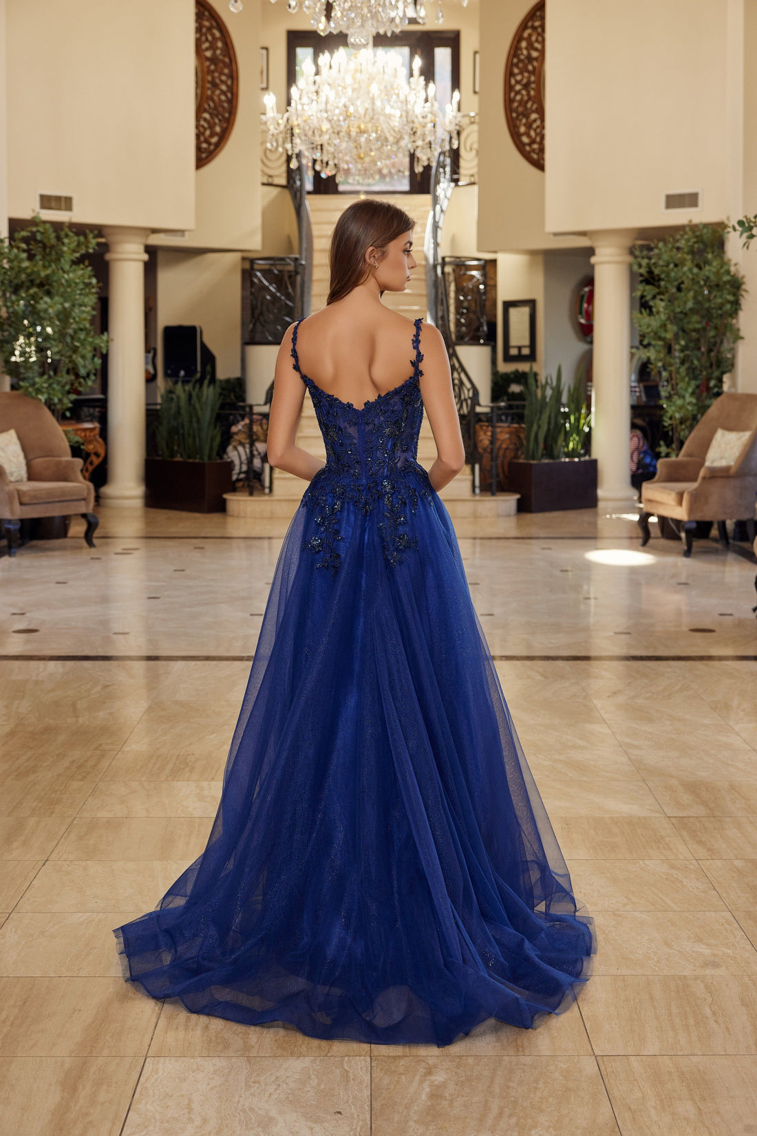 Applique V-Neck A-line Slit Gown by Nox Anabel R1824