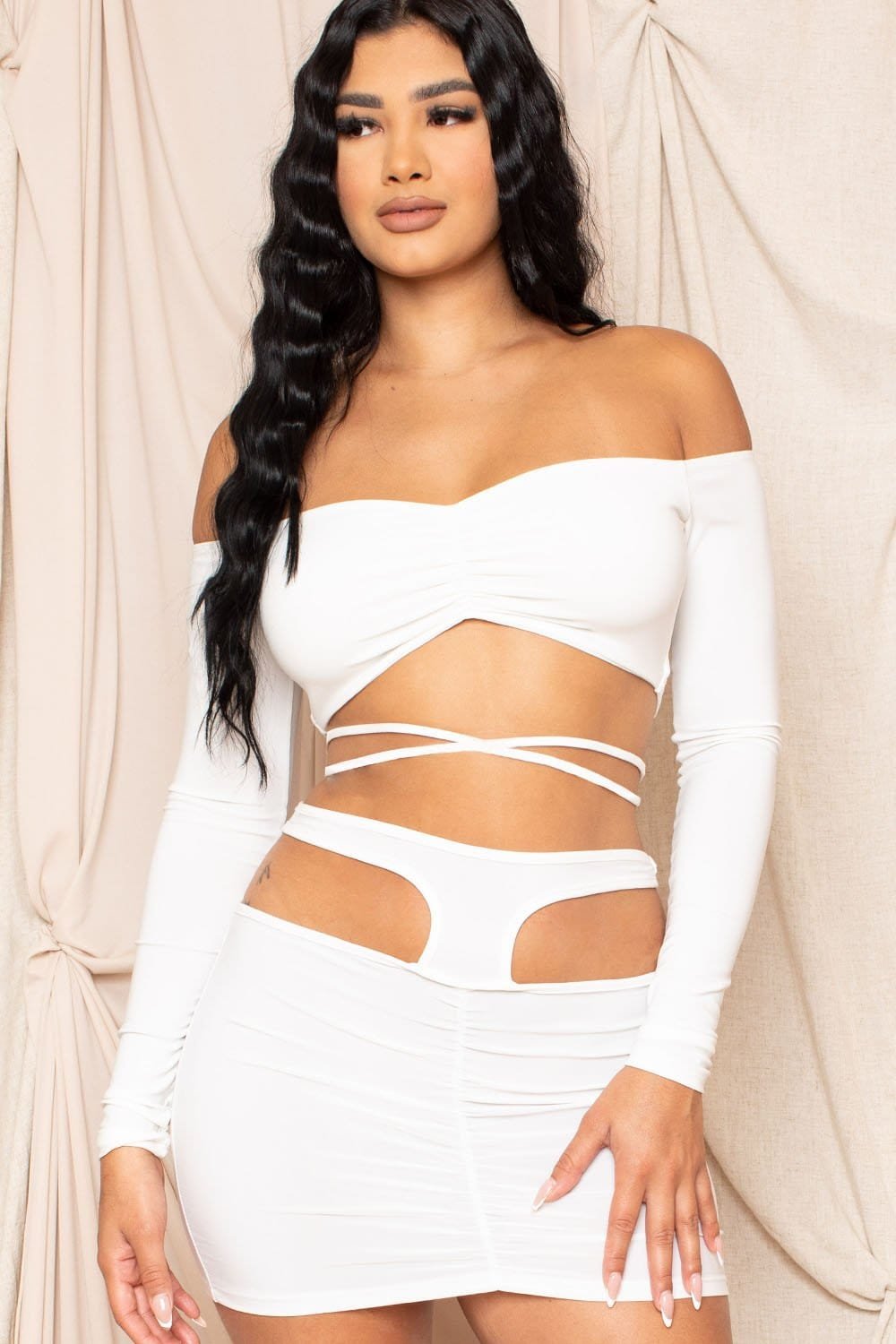 Off Shoulder Dress - Two Piece Set With Shirring Detail & Cutout BOUTINIE