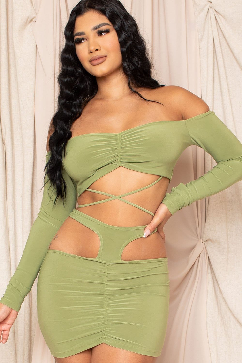 Off Shoulder Dress - Two Piece Set With Shirring Detail & Cutout BOUTINIE