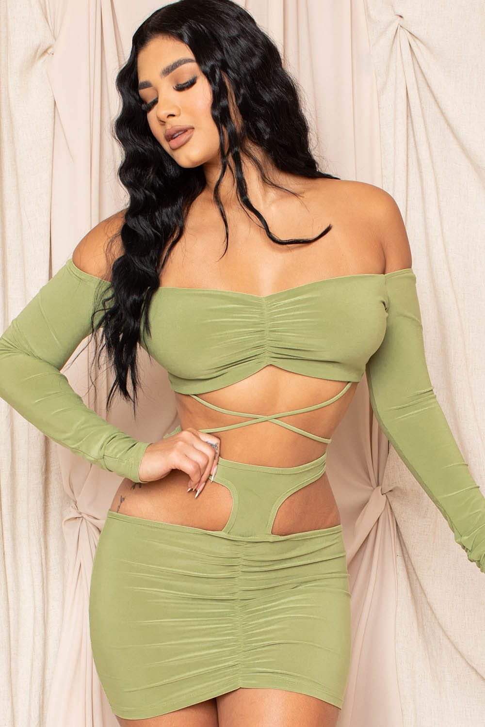 Off Shoulder Dress - Two Piece Set With Shirring Detail & Cutout BOUTINIE