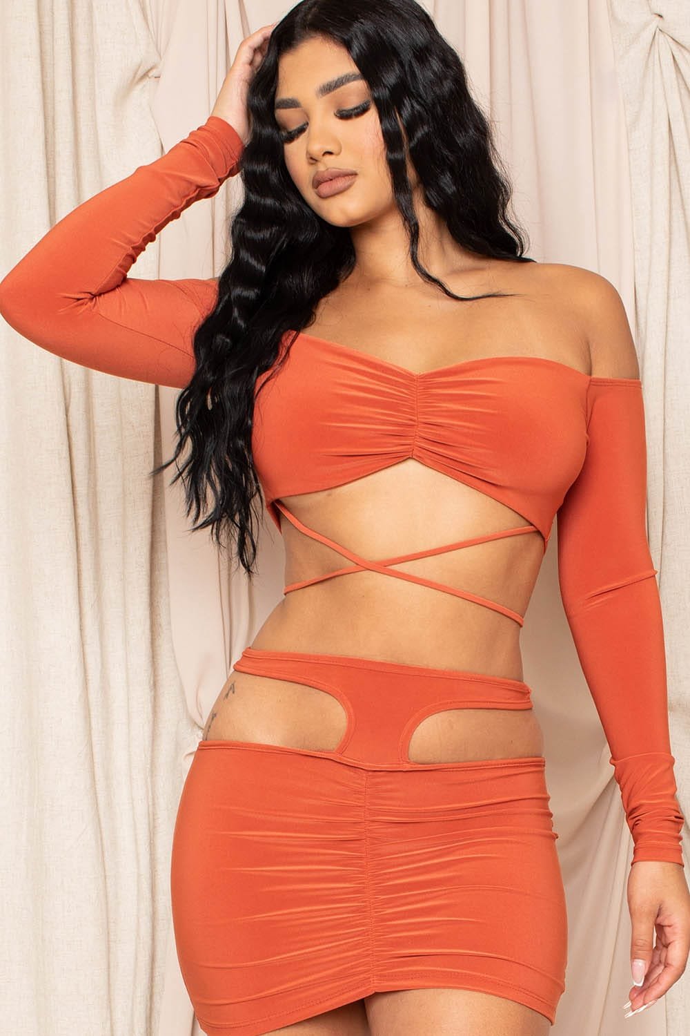 Off Shoulder Dress - Two Piece Set With Shirring Detail & Cutout BOUTINIE