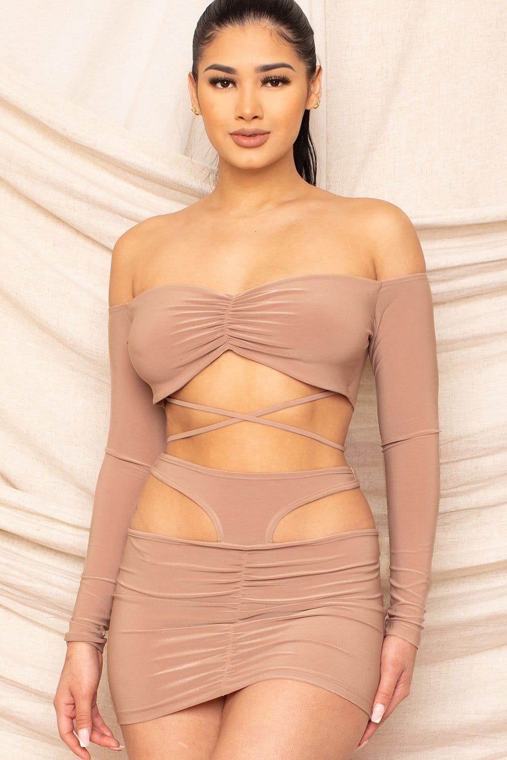 Off Shoulder Dress - Two Piece Set With Shirring Detail & Cutout BOUTINIE