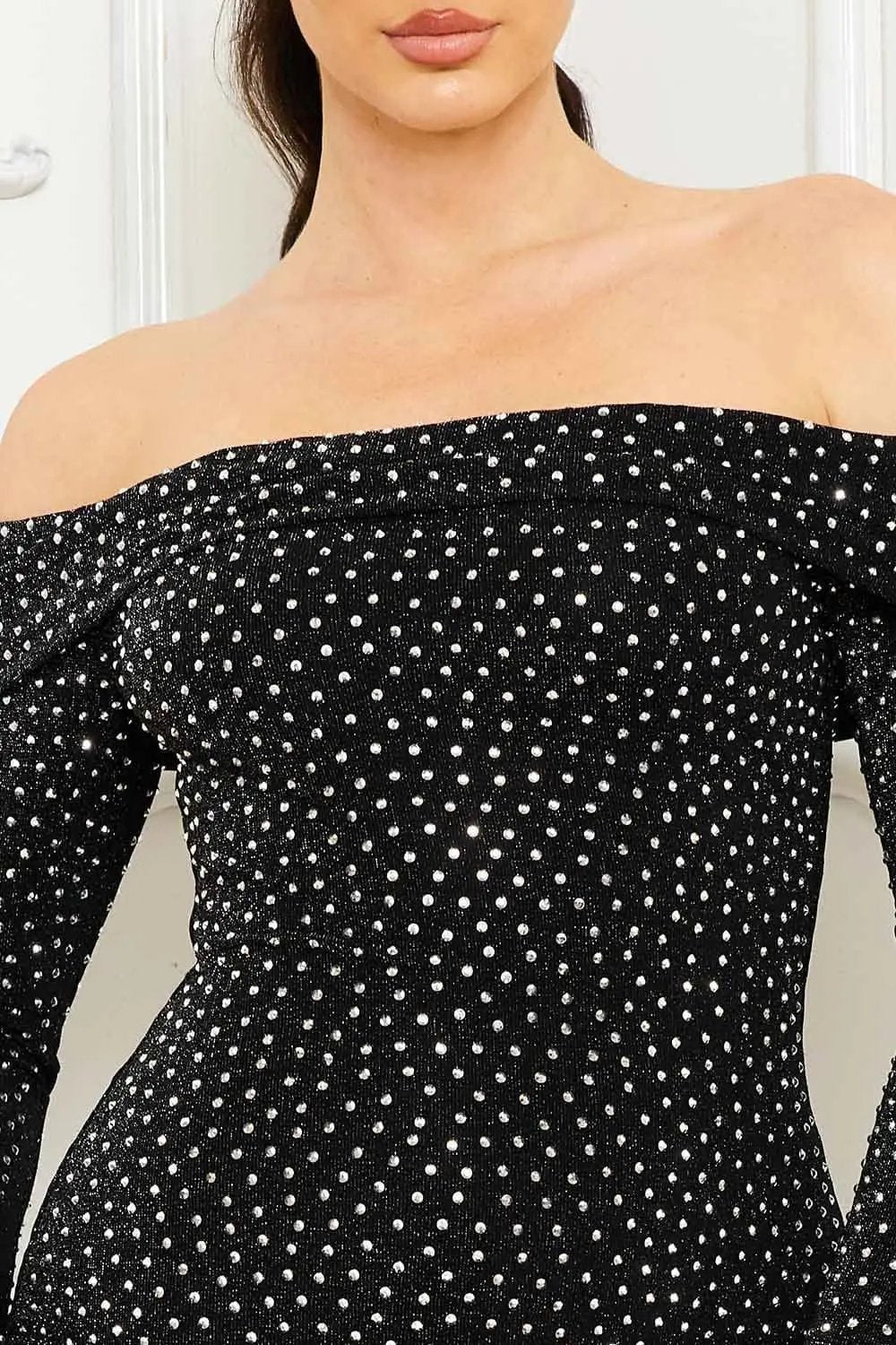 Rhinestone Midi Dress - Off Shoulder Long Sleeve Slip-On BOUTINIE