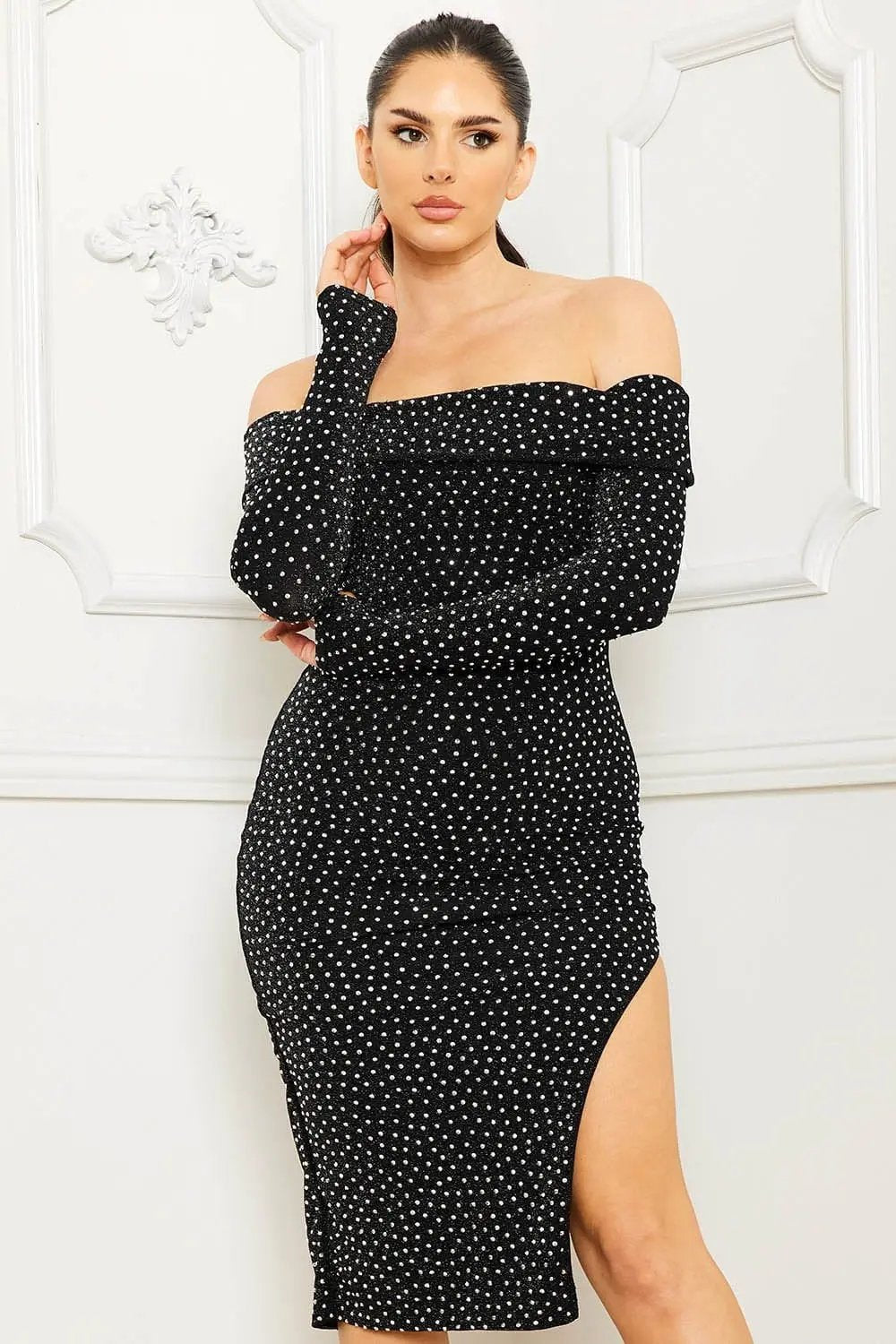 Rhinestone Midi Dress - Off Shoulder Long Sleeve Slip-On BOUTINIE