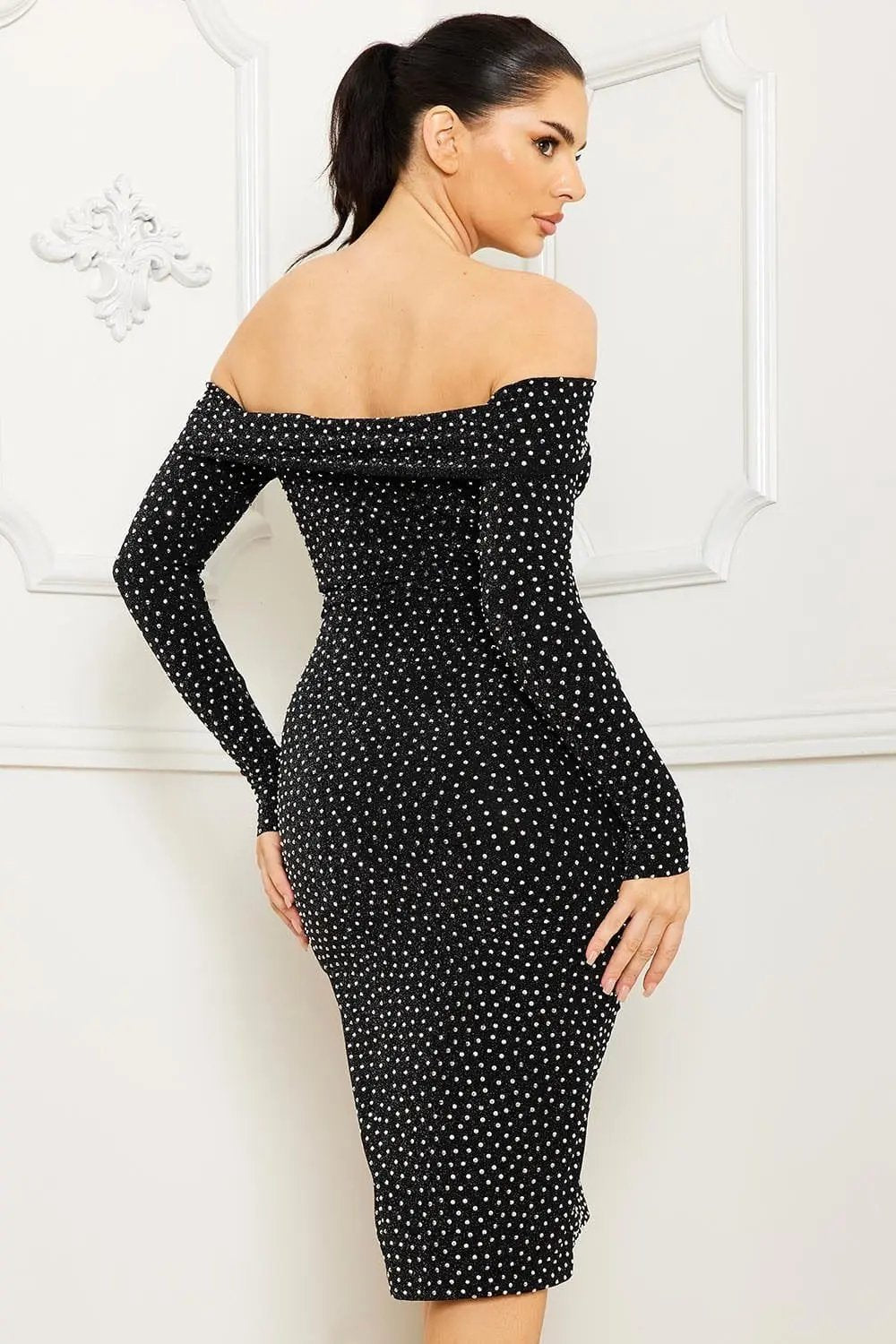 Rhinestone Midi Dress - Off Shoulder Long Sleeve Slip-On BOUTINIE