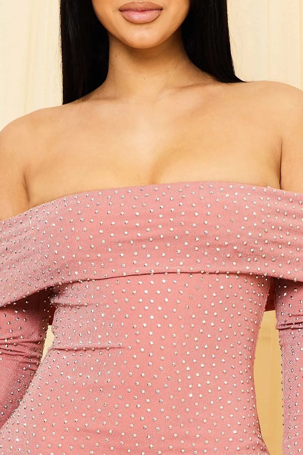 Rhinestone Midi Dress - Off Shoulder Long Sleeve Slip-On BOUTINIE