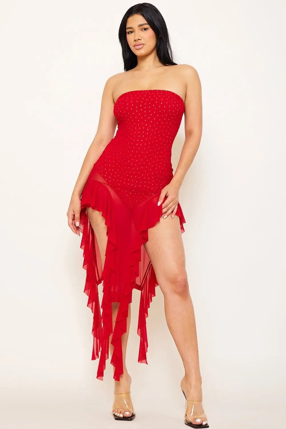 Embellished Bodysuit Dress - Bandeau Mini Dress With Sheer Mesh Skirt BOUTINIE