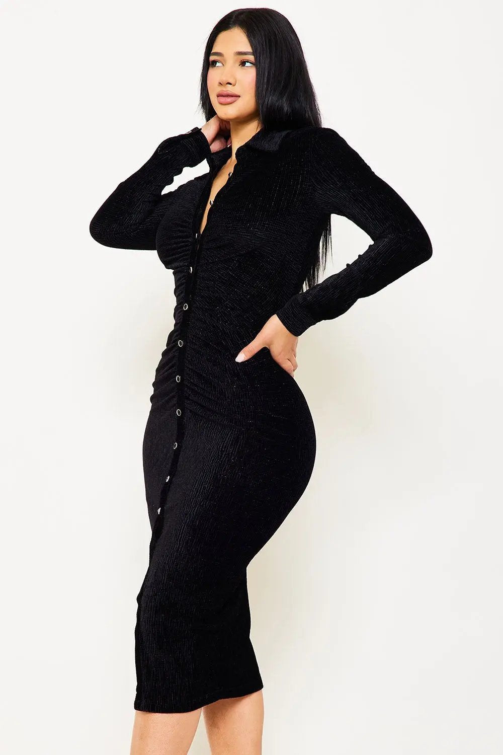 Midi Shirt Dress – Pleated Front, Waist Button Closure, Textured Fabric Blend BOUTINIE