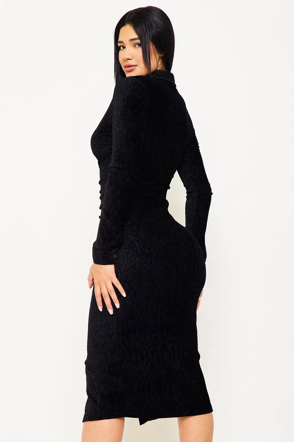 Midi Shirt Dress – Pleated Front, Waist Button Closure, Textured Fabric Blend BOUTINIE