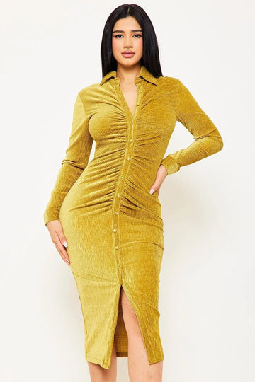 Midi Shirt Dress – Pleated Front, Waist Button Closure, Textured Fabric Blend BOUTINIE