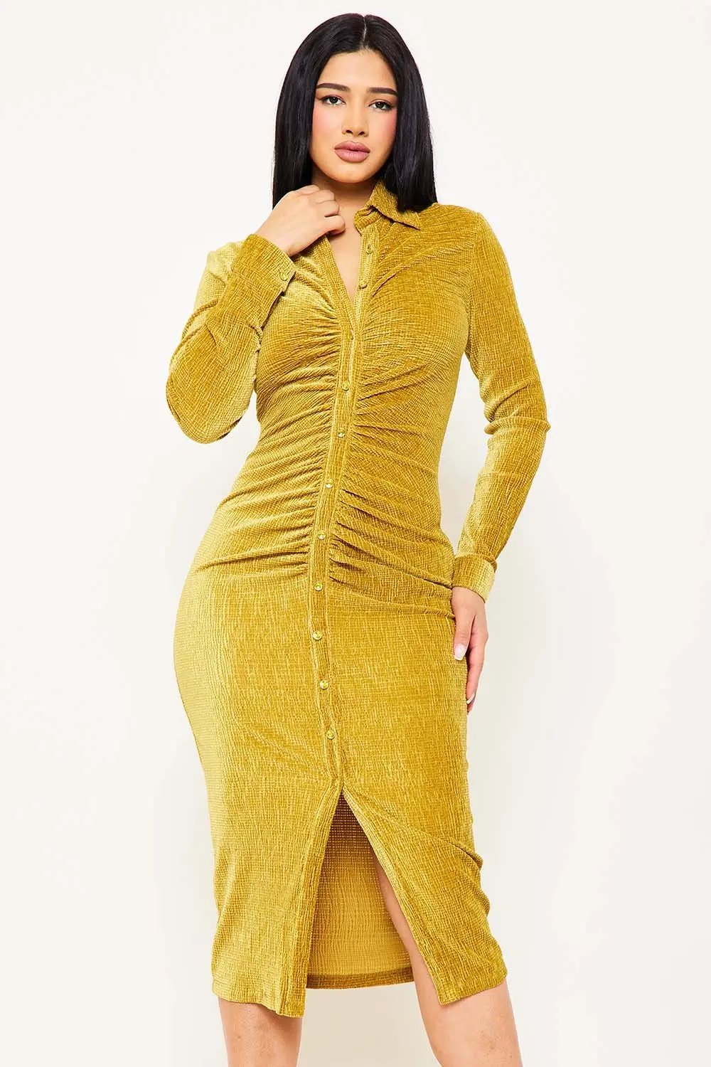 Midi Shirt Dress – Pleated Front, Waist Button Closure, Textured Fabric Blend BOUTINIE