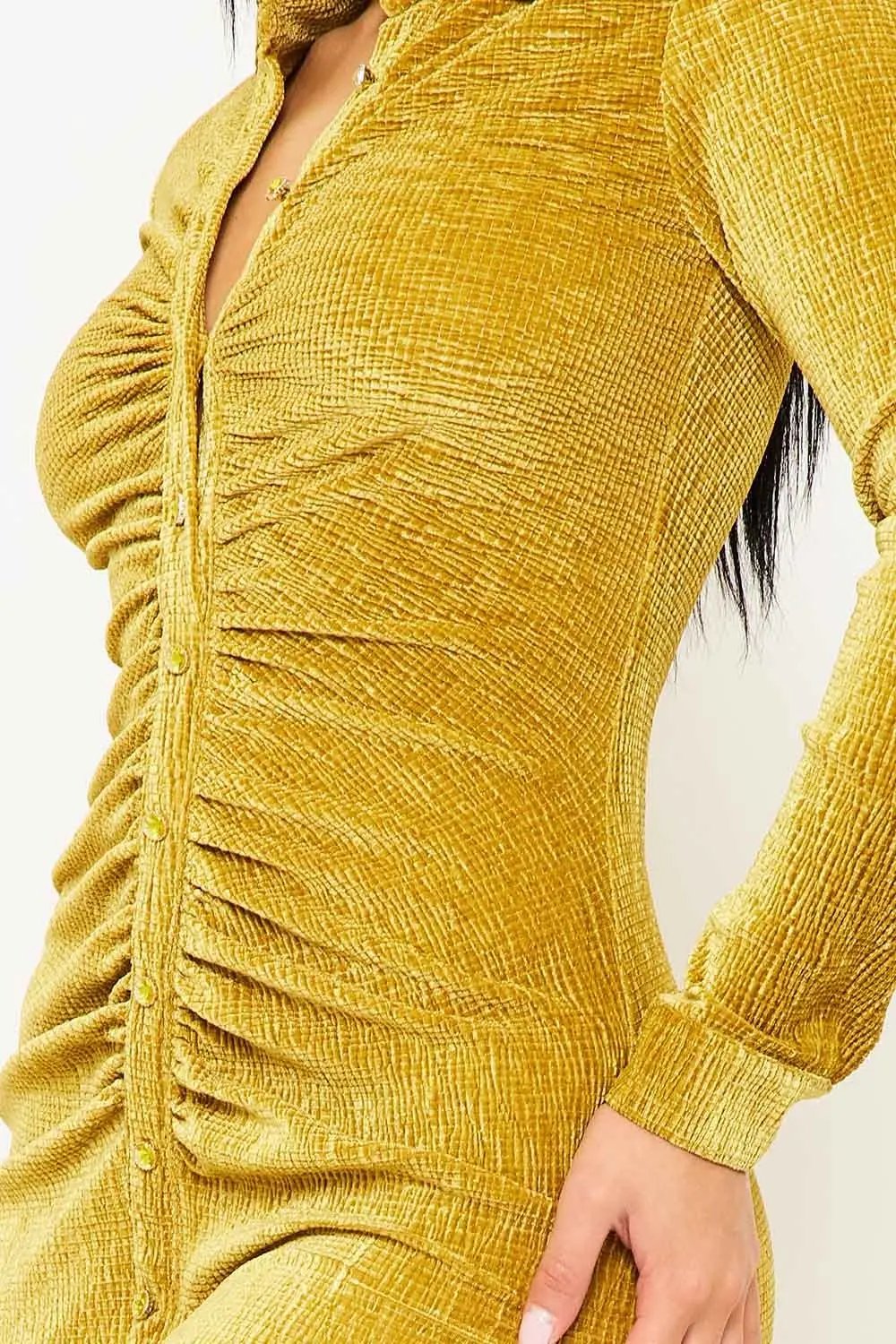 Midi Shirt Dress – Pleated Front, Waist Button Closure, Textured Fabric Blend BOUTINIE