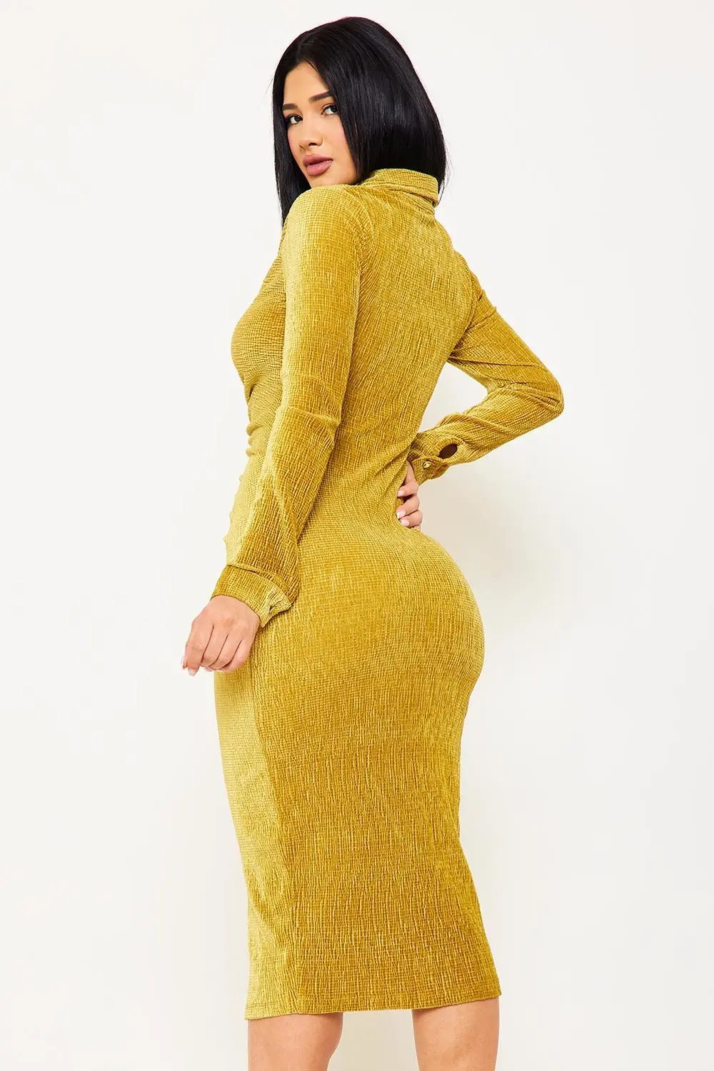 Midi Shirt Dress – Pleated Front, Waist Button Closure, Textured Fabric Blend BOUTINIE